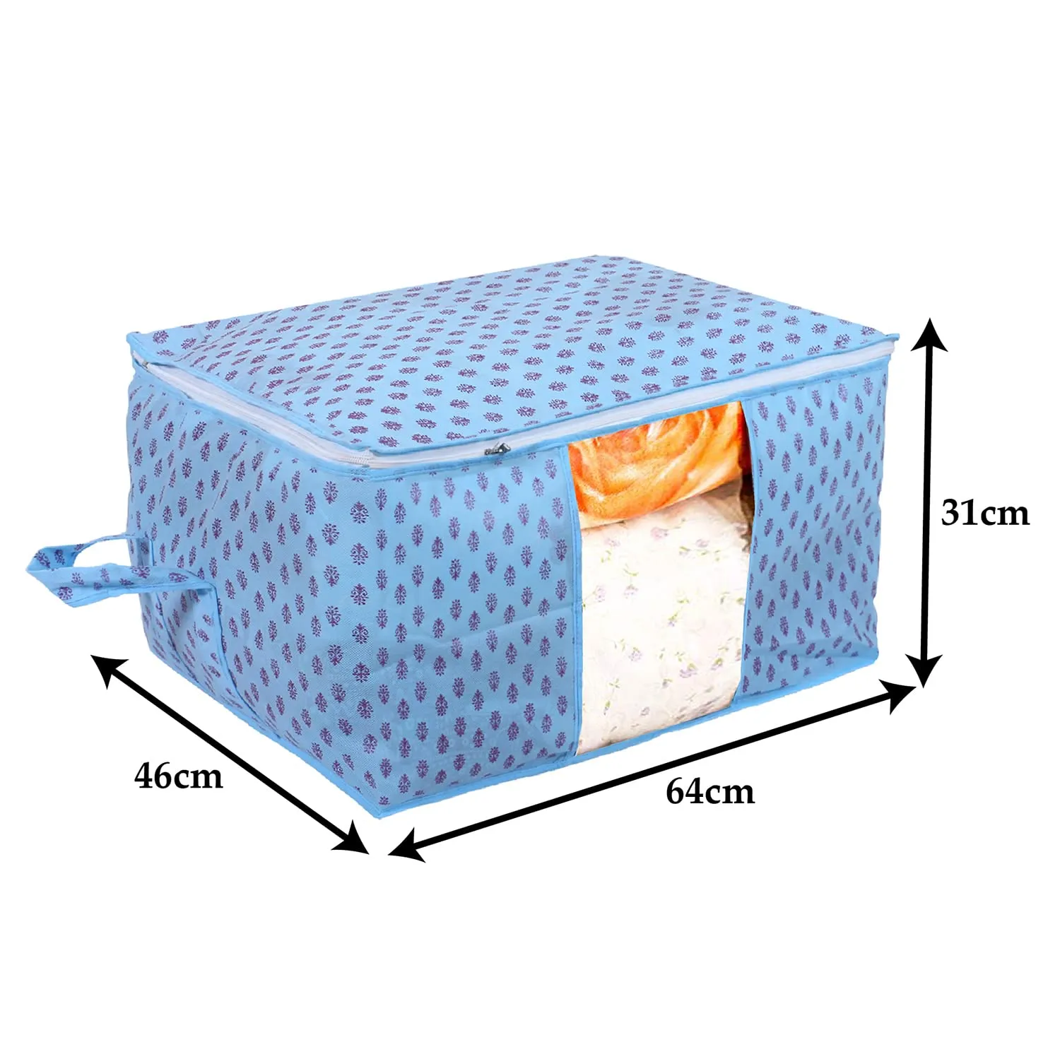 Heart Home Non-Woven Floral Print Underbed|Blanket Cover With Transparent Window, Zippered & Handle (Sky Blue)