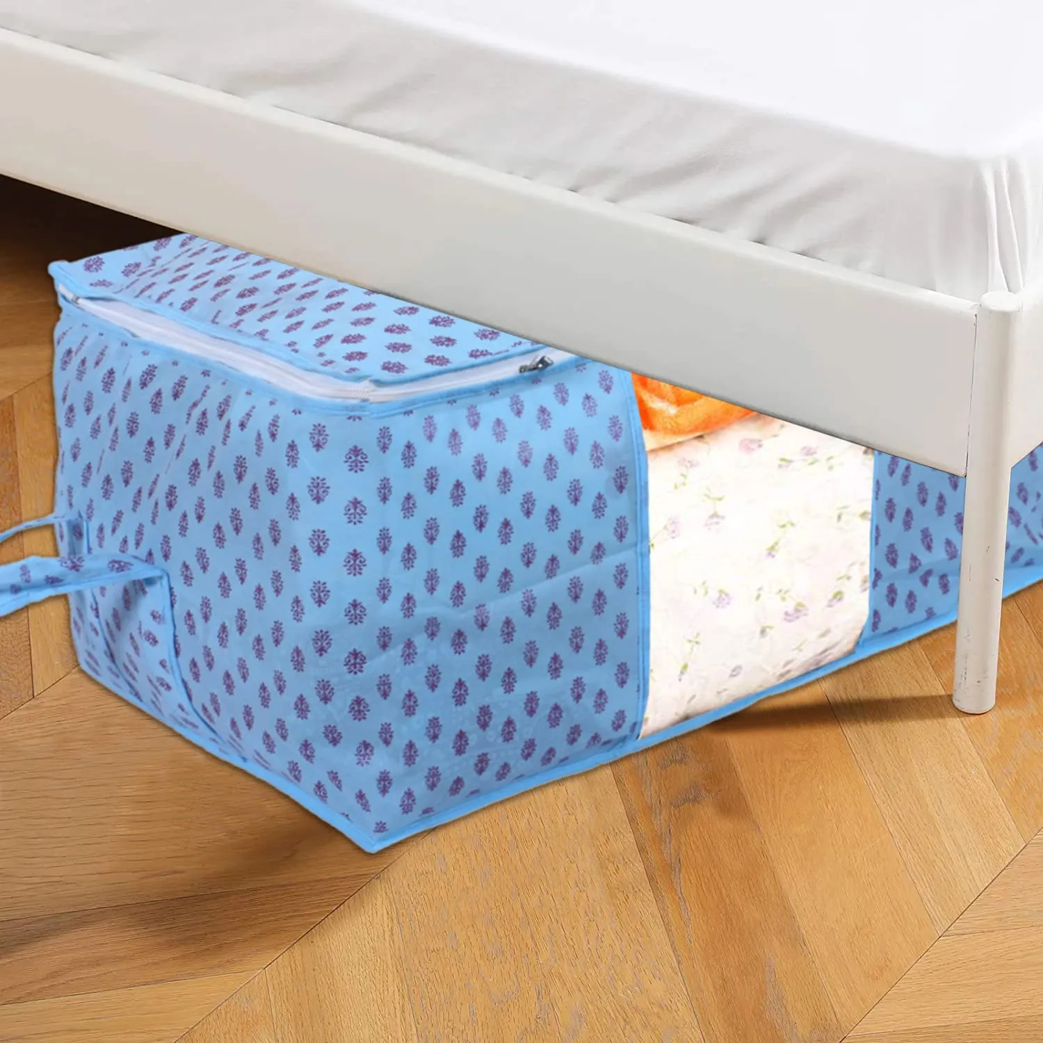 Heart Home Non-Woven Floral Print Underbed|Blanket Cover With Transparent Window, Zippered & Handle (Sky Blue)