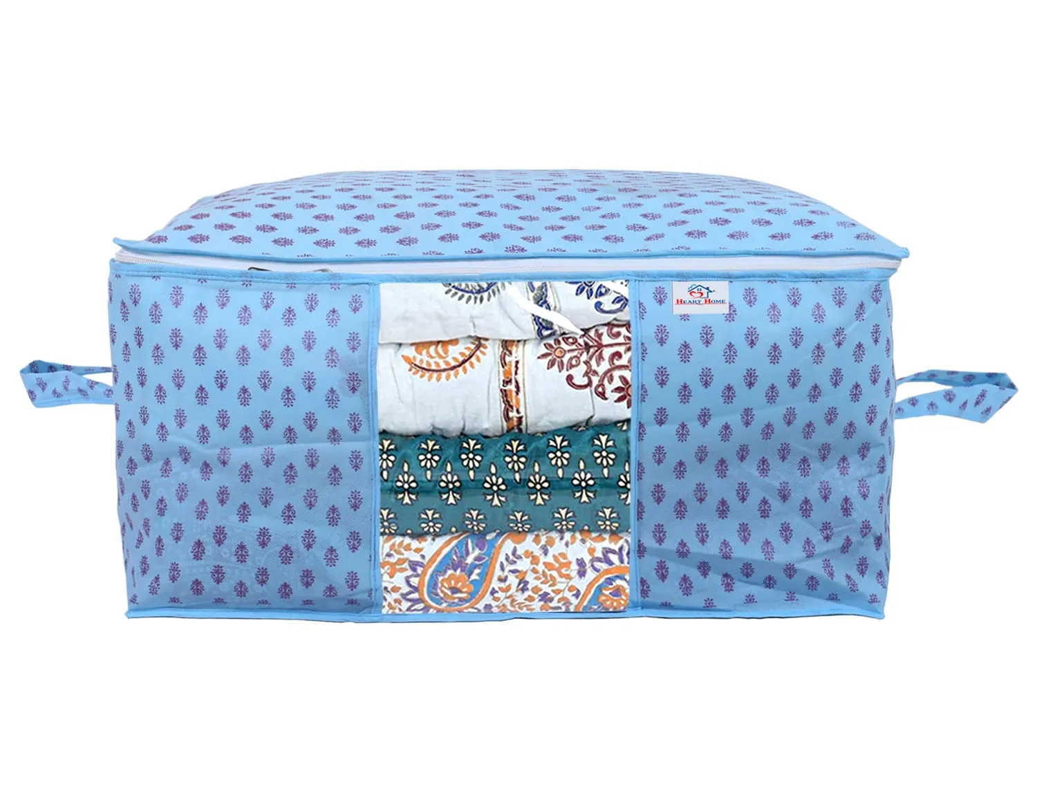 Heart Home Non-Woven Floral Print Underbed|Blanket Cover With Transparent Window, Zippered & Handle (Sky Blue)