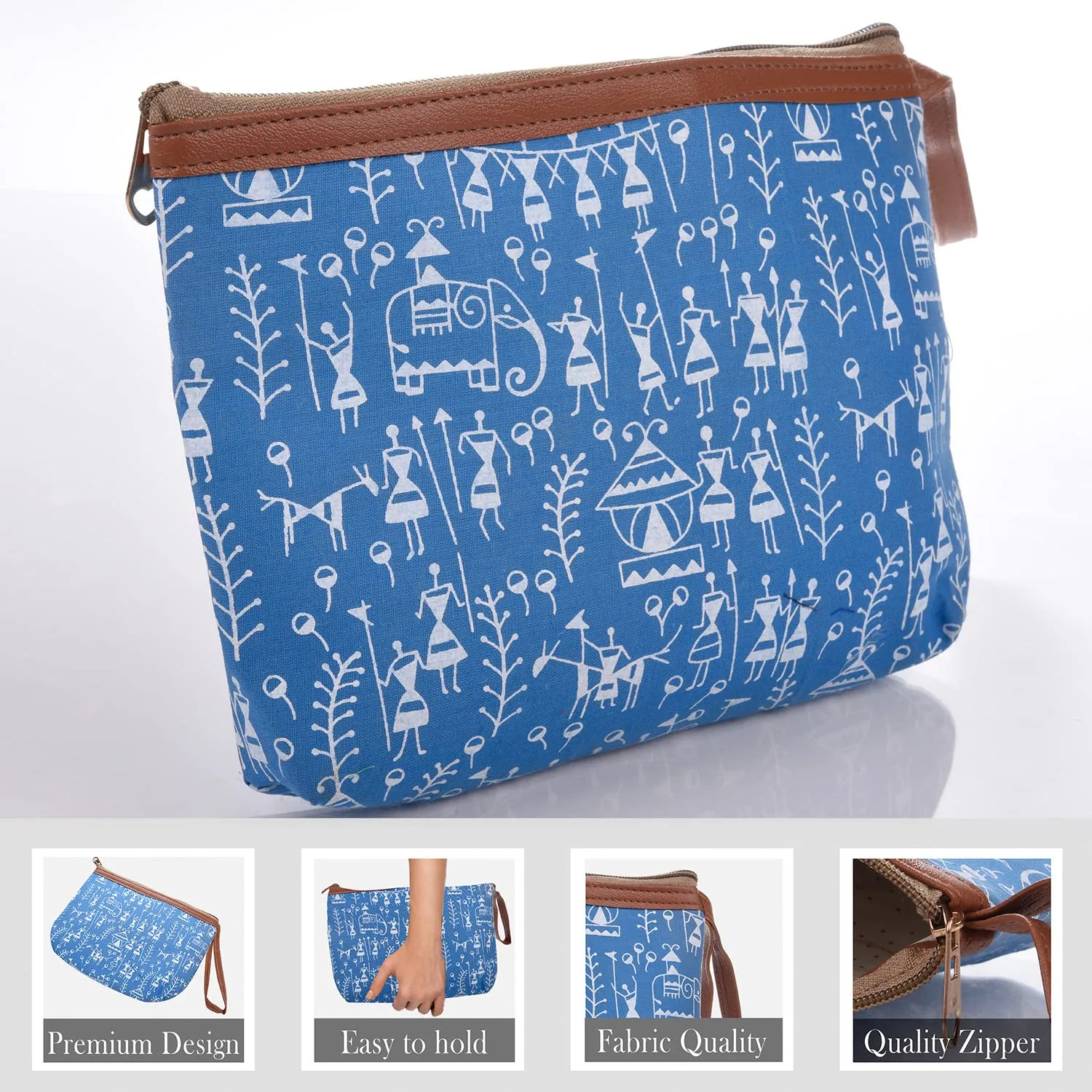 Heart Home Toiletry Pouch|Warli Print Travel Cosmetic Pouch|Canvas Waterproof Makeup Pouch with Handle|Pack of 2 (Blue)