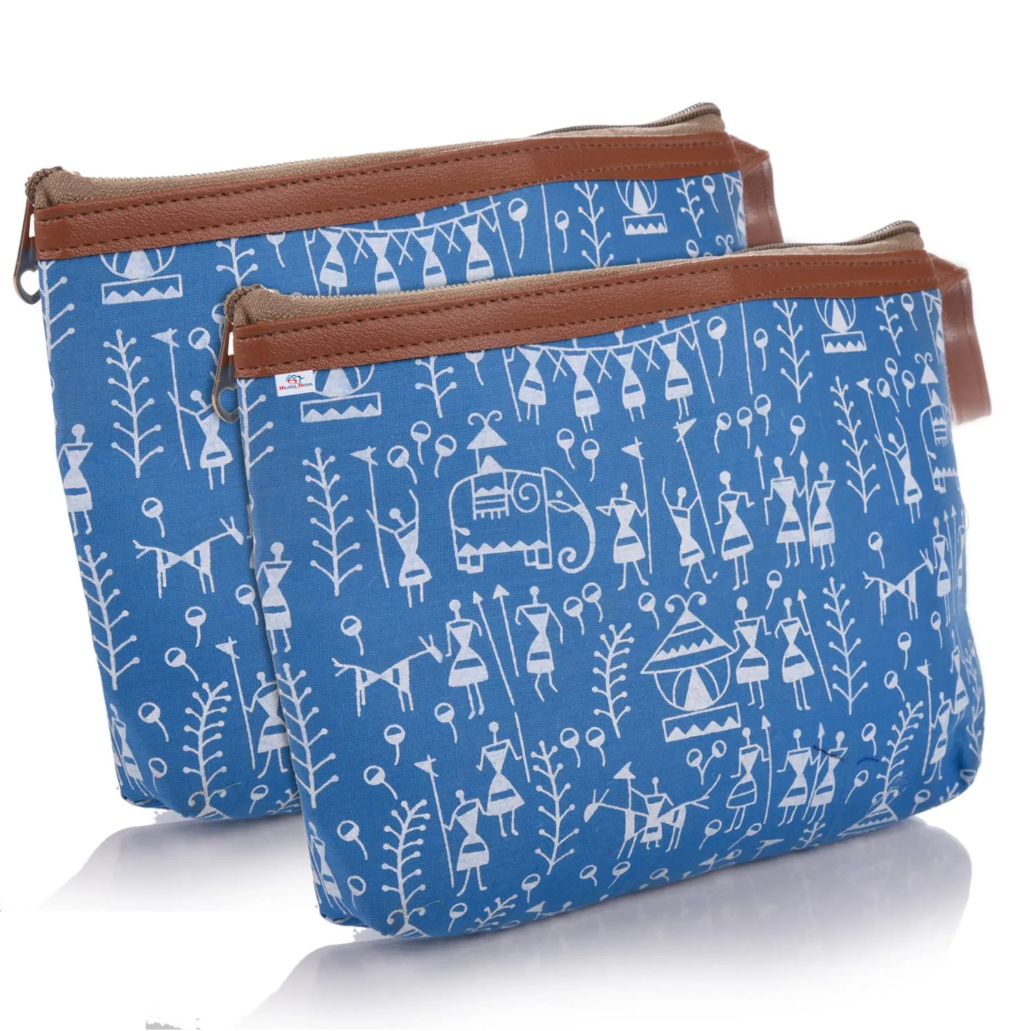 Heart Home Toiletry Pouch|Warli Print Travel Cosmetic Pouch|Canvas Waterproof Makeup Pouch with Handle|Pack of 2 (Blue)