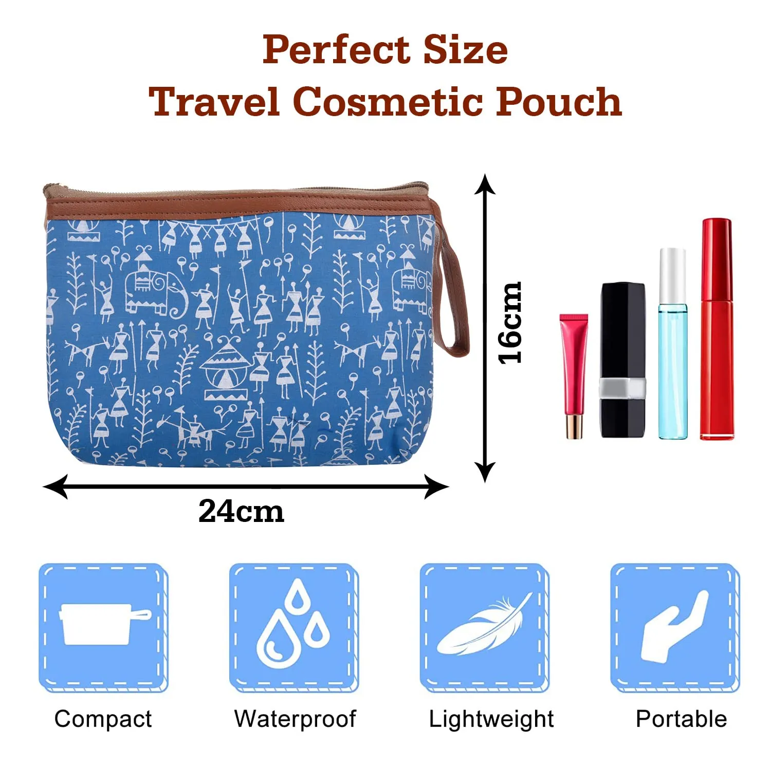 Heart Home Toiletry Pouch|Warli Print Travel Cosmetic Pouch|Canvas Waterproof Makeup Pouch with Handle|Pack of 2 (Blue)