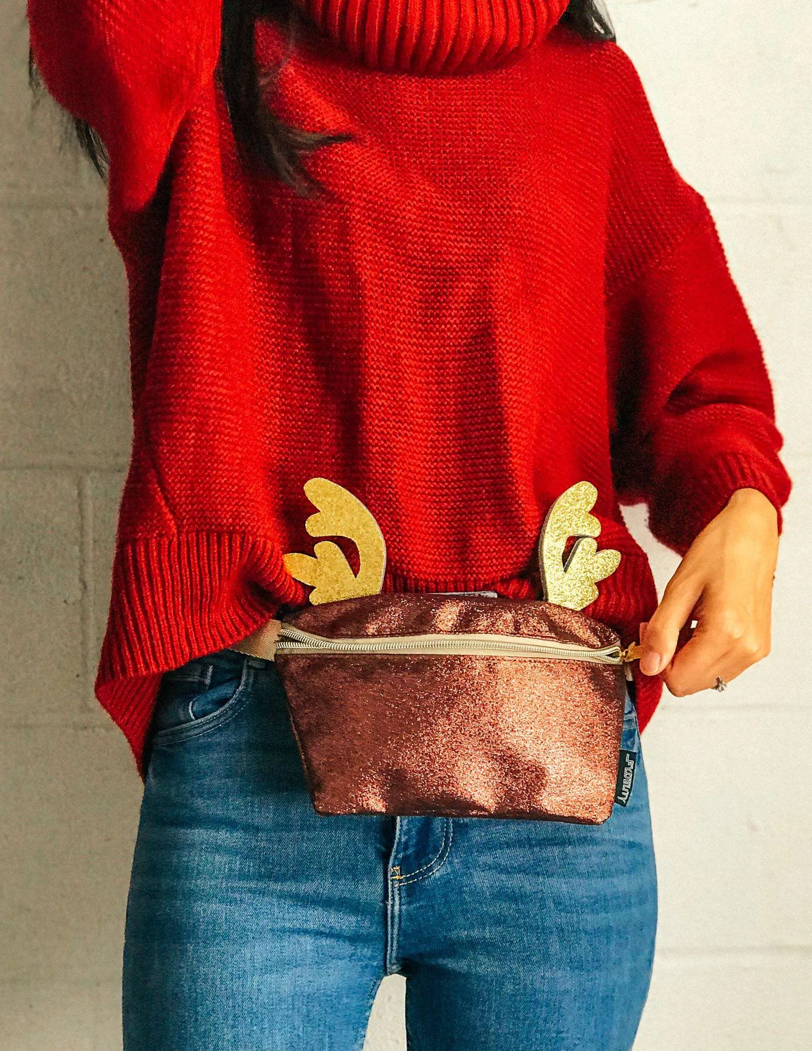 HOLO.DAZE Fanny Packs- Glitter Reindeer Brown & Gold