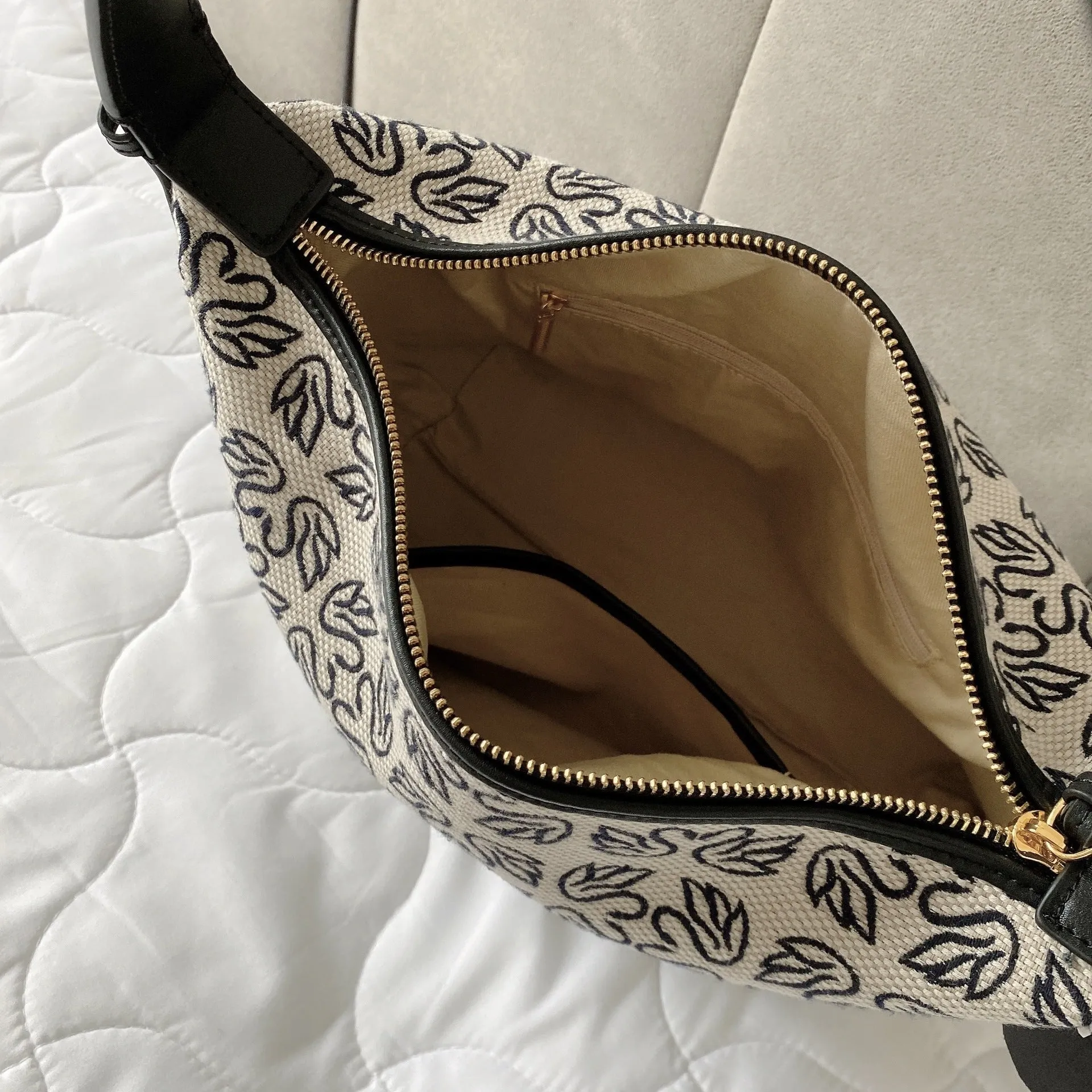 Jacquard Canvas Hobo Bag With Leather Trim