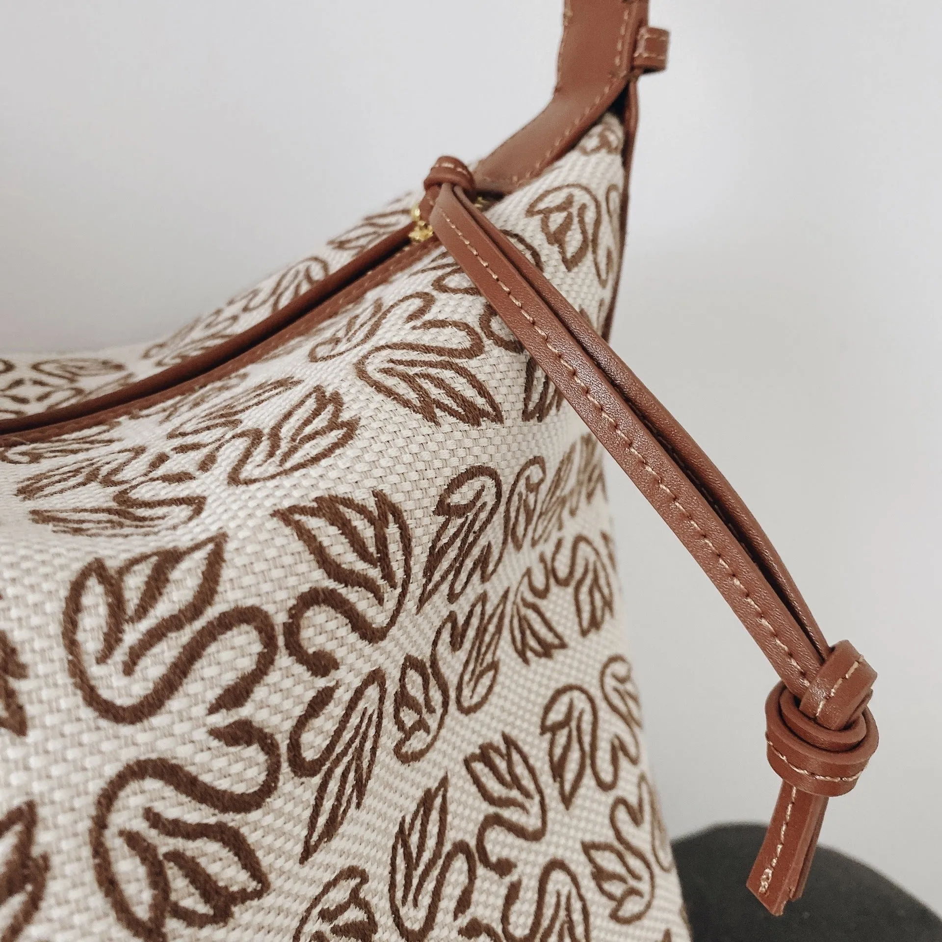 Jacquard Canvas Hobo Bag With Leather Trim