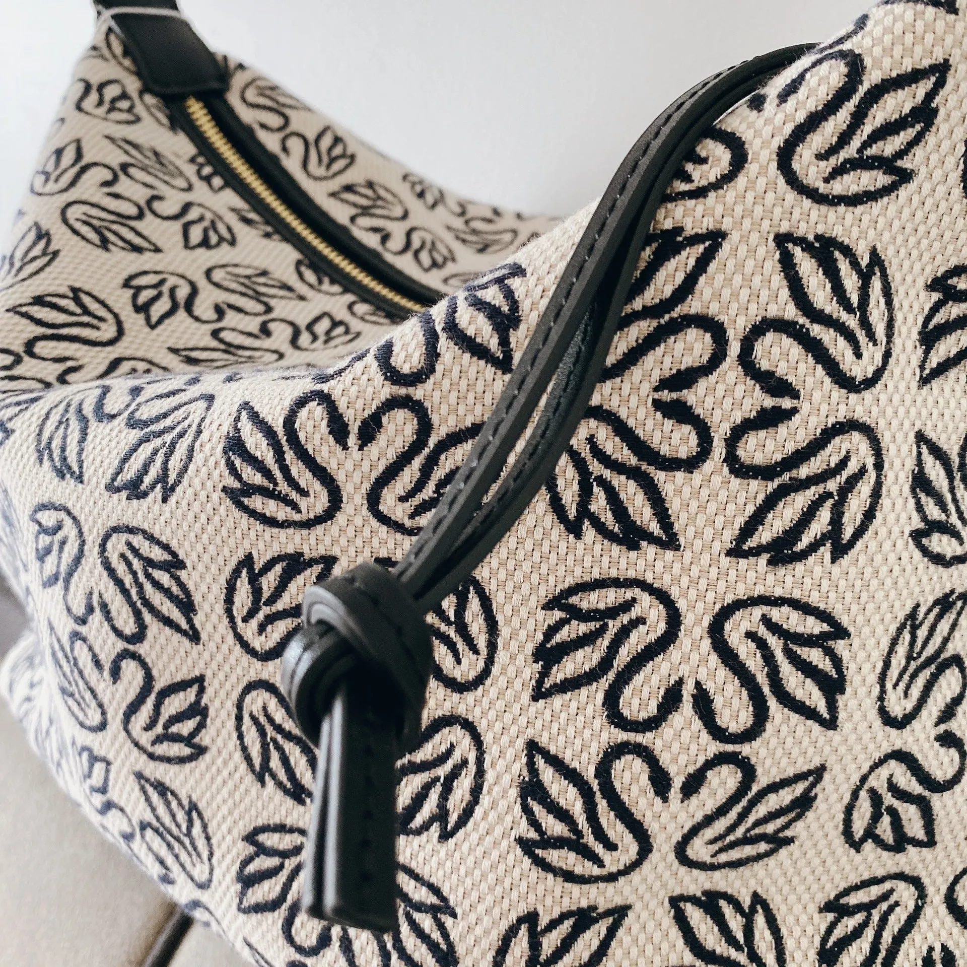 Jacquard Canvas Hobo Bag With Leather Trim