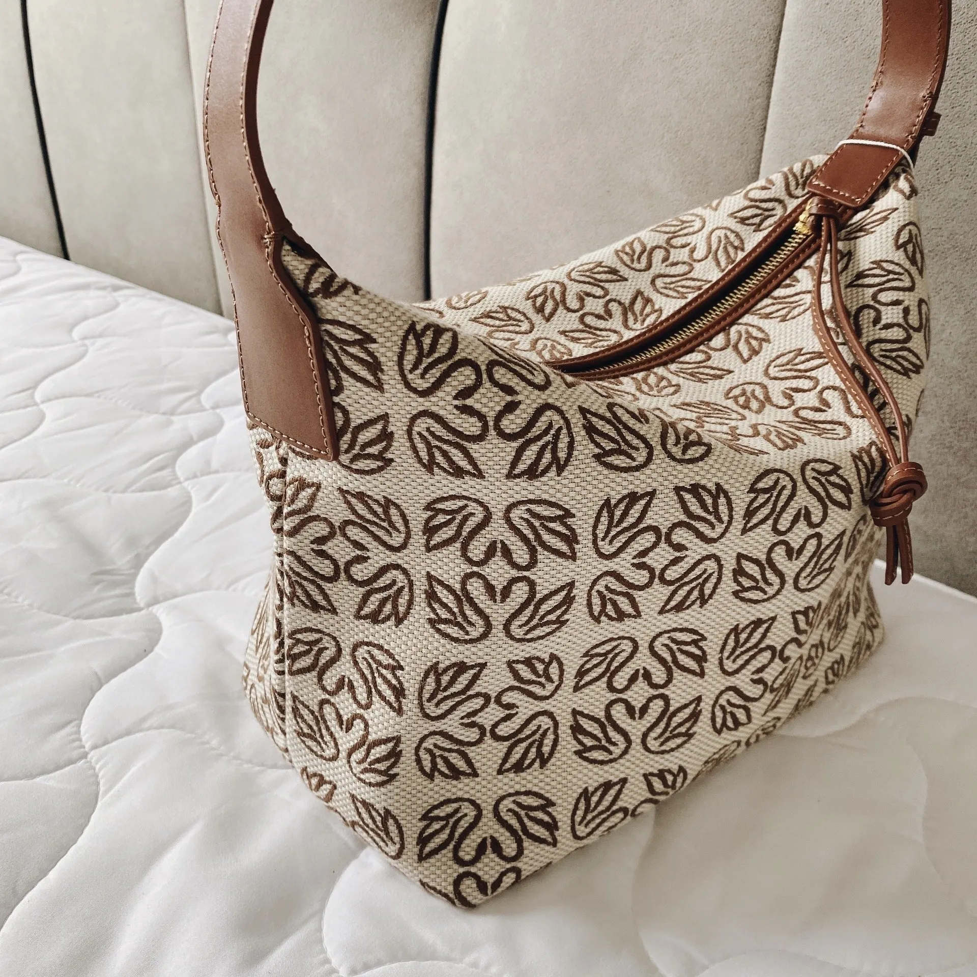 Jacquard Canvas Hobo Bag With Leather Trim