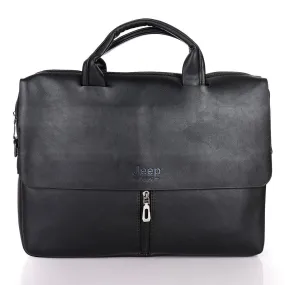 Jeep Buluo Men's Business Large Capacity Genuine Leather Bag- Black