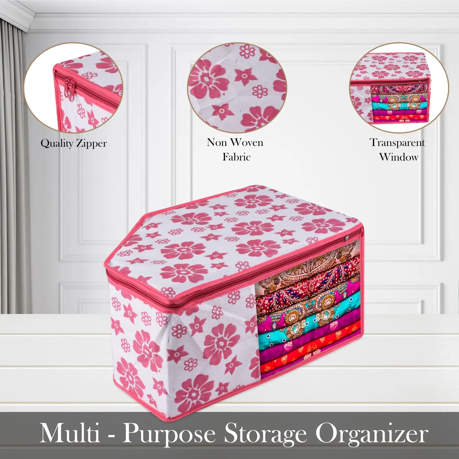 Kuber Industries Blouse Cover | Clothes Storage Bag | Zipper Wardrobe Organizers | Non-Woven Clothes Organiser | Side Transparent Blouse Organizer | Flower-Design | Pack of 12 | Pink