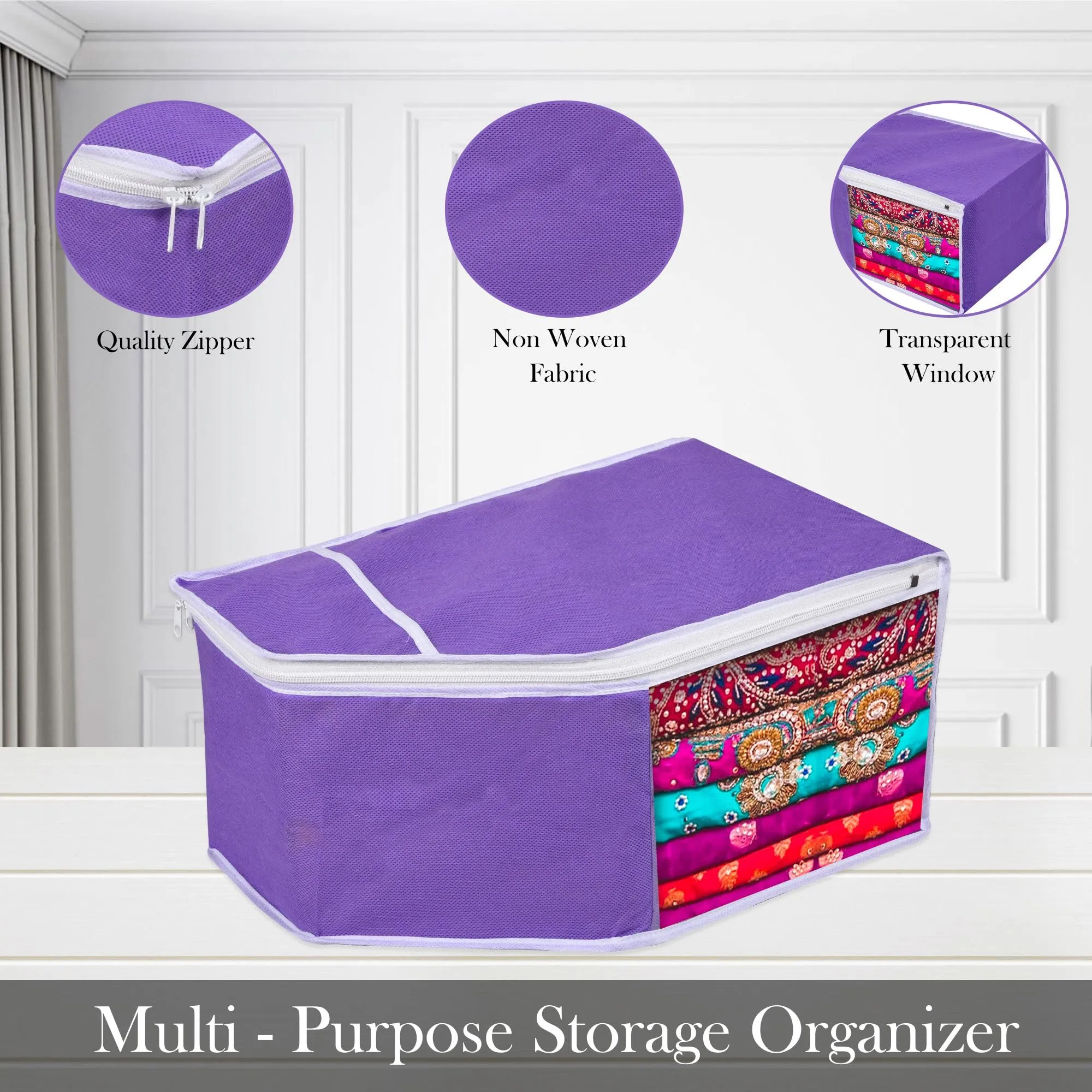 Kuber Industries Blouse Storage Bag | Clothes Storage Bag | Visible Window Wardrobe Bag | Clothes Organizer | Blouse Cover Bag for Travel | White Piping | Pack of 3 | Purple