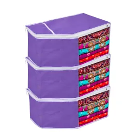 Kuber Industries Blouse Storage Bag | Clothes Storage Bag | Visible Window Wardrobe Bag | Clothes Organizer | Blouse Cover Bag for Travel | White Piping | Pack of 3 | Purple