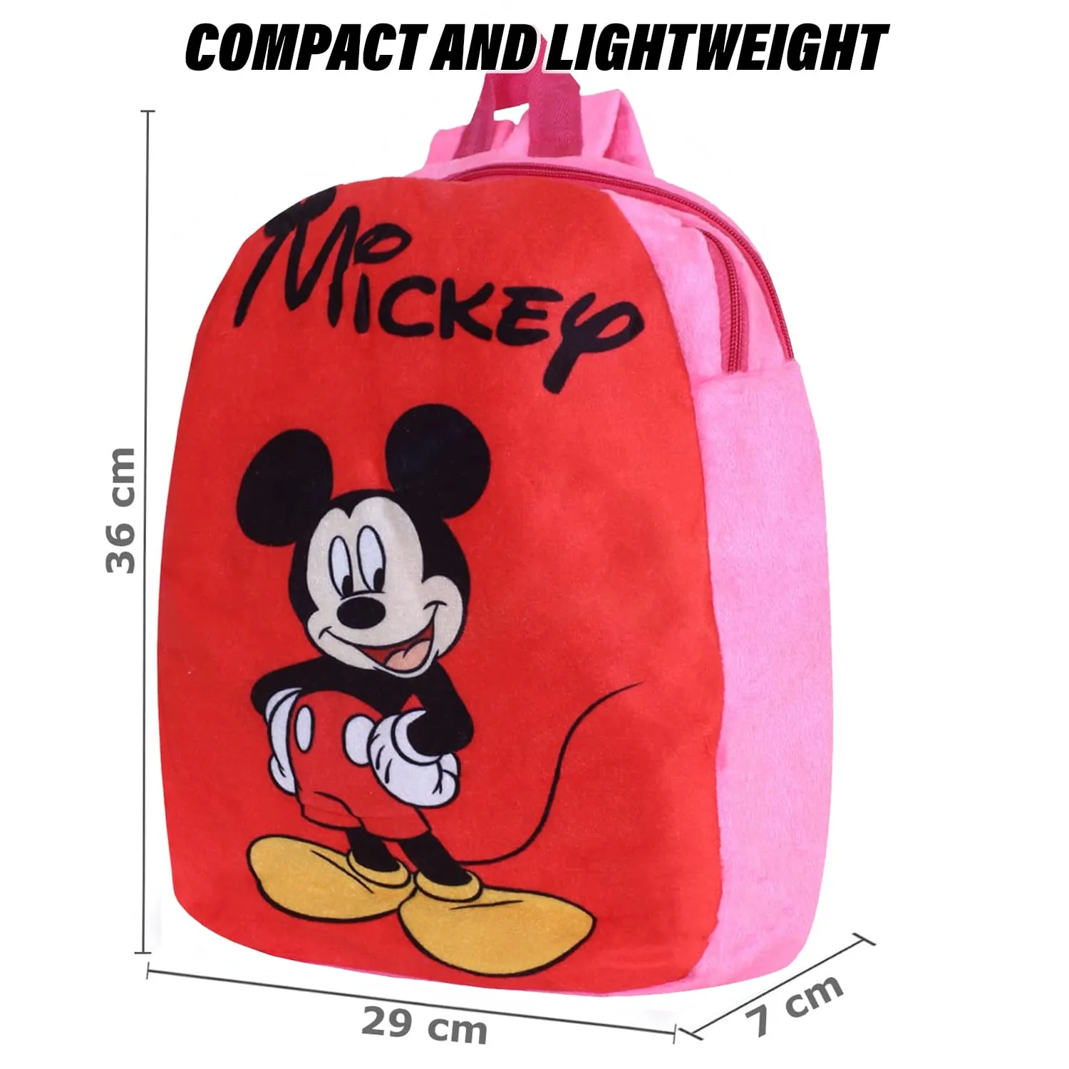 Kuber Industries Disney Mickey School Bag | Velvet Kids School Bags | Student Bookbag | School Bag for Girls & Boys | School Backpack for Kids | 2 Compartments | Red & Pink