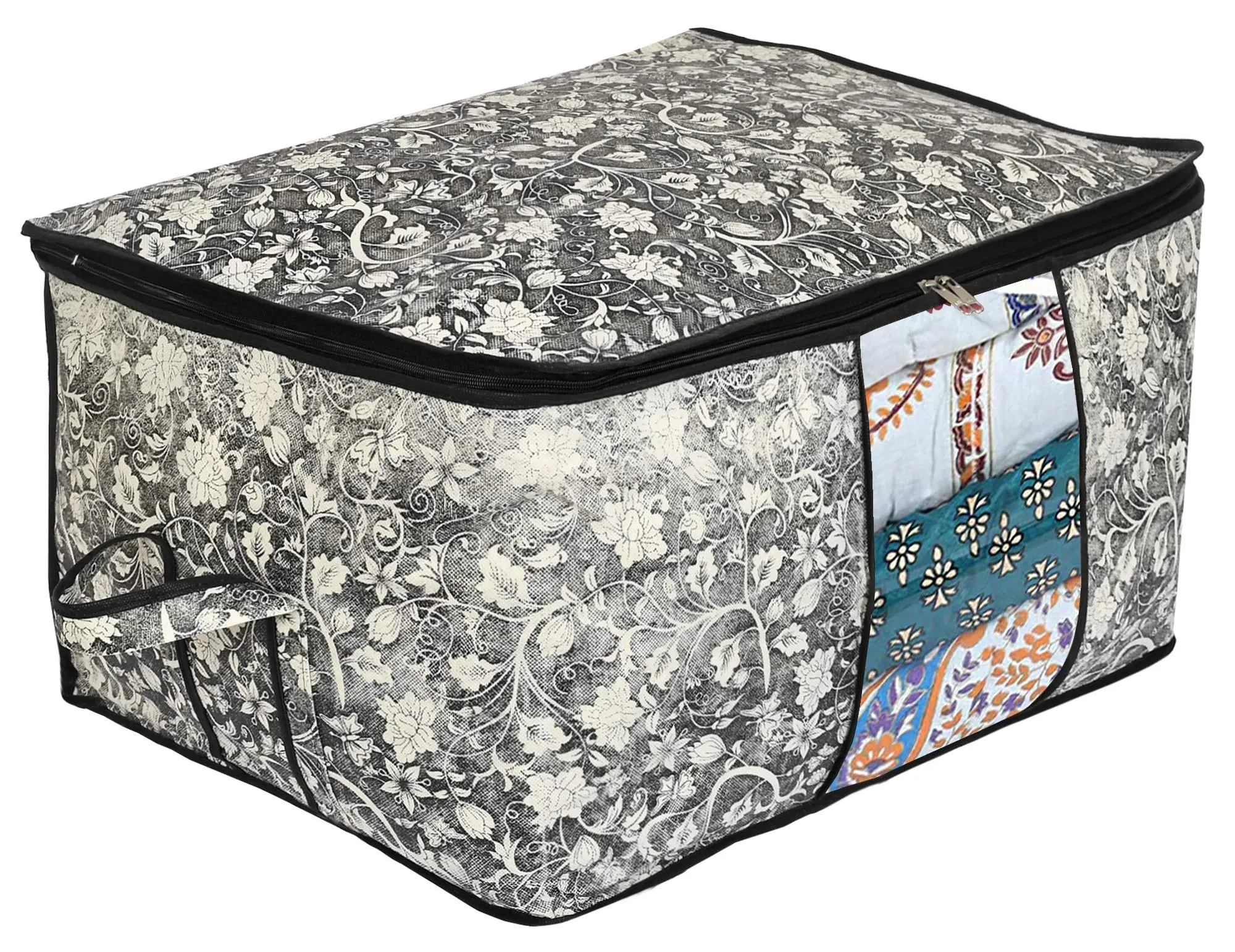 Kuber Industries Flower Print Foldable Woven Underbed Storage Bag|Large Storage Organiser|Blanket Cover with Transparent Window|Size 65 x 45 x 31 CM (Black)-KUBMART16598(Fabric)