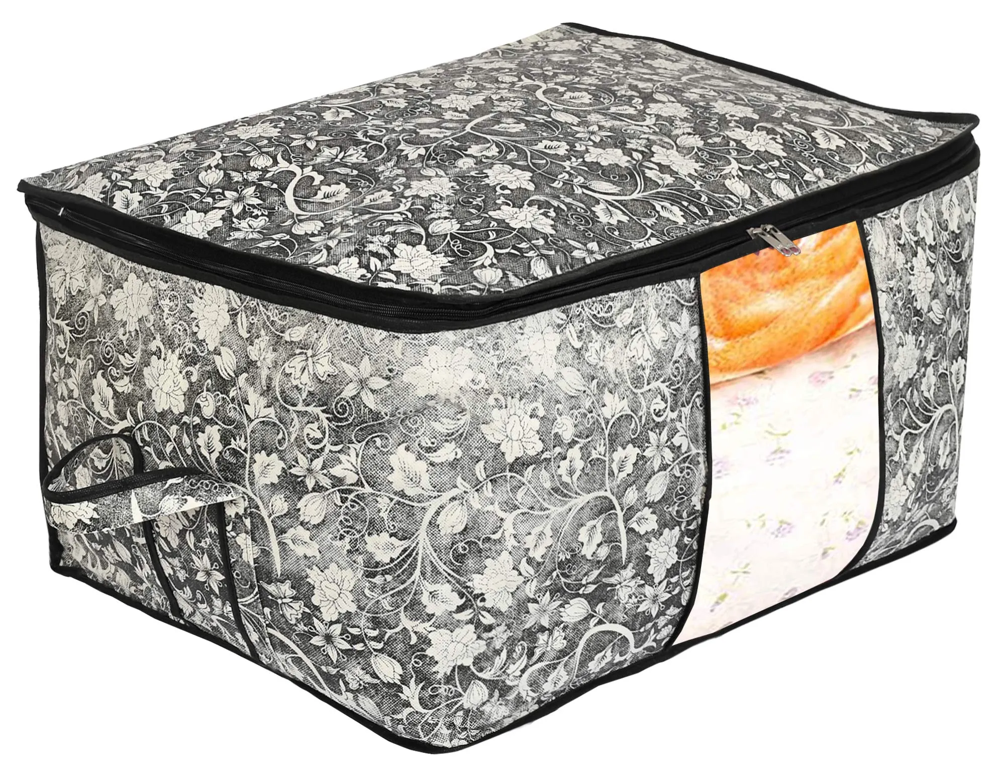 Kuber Industries Flower Print Foldable Woven Underbed Storage Bag|Large Storage Organiser|Blanket Cover with Transparent Window|Size 65 x 45 x 31 CM (Black)-KUBMART16598(Fabric)