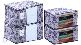 Kuber Industries Flower Printed Non Woven 2 Pieces Saree Cover and 2 Pieces Underbed Storage Bag, Cloth Organizer for Storage, Blanket Cover Combo Set (Royal Blue) -CTKTC038620