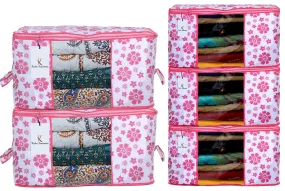 Kuber Industries Flower Printed Non Woven 3 Pieces Saree Cover and 2 Pieces Underbed Storage Bag, Cloth Organizer for Storage, Blanket Cover Combo Set (Pink) - CTKTC038609