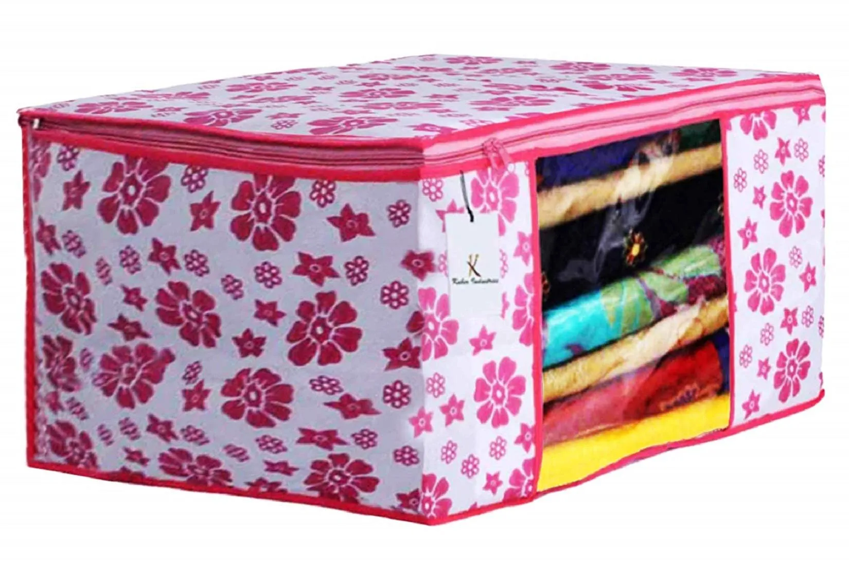 Kuber Industries Flower Printed Non Woven 3 Pieces Saree Cover and 2 Pieces Underbed Storage Bag, Cloth Organizer for Storage, Blanket Cover Combo Set (Pink) - CTKTC038609