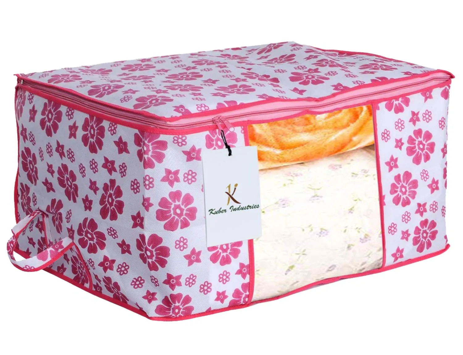 Kuber Industries Flower Printed Non Woven 3 Pieces Saree Cover and 2 Pieces Underbed Storage Bag, Cloth Organizer for Storage, Blanket Cover Combo Set (Pink) - CTKTC038609