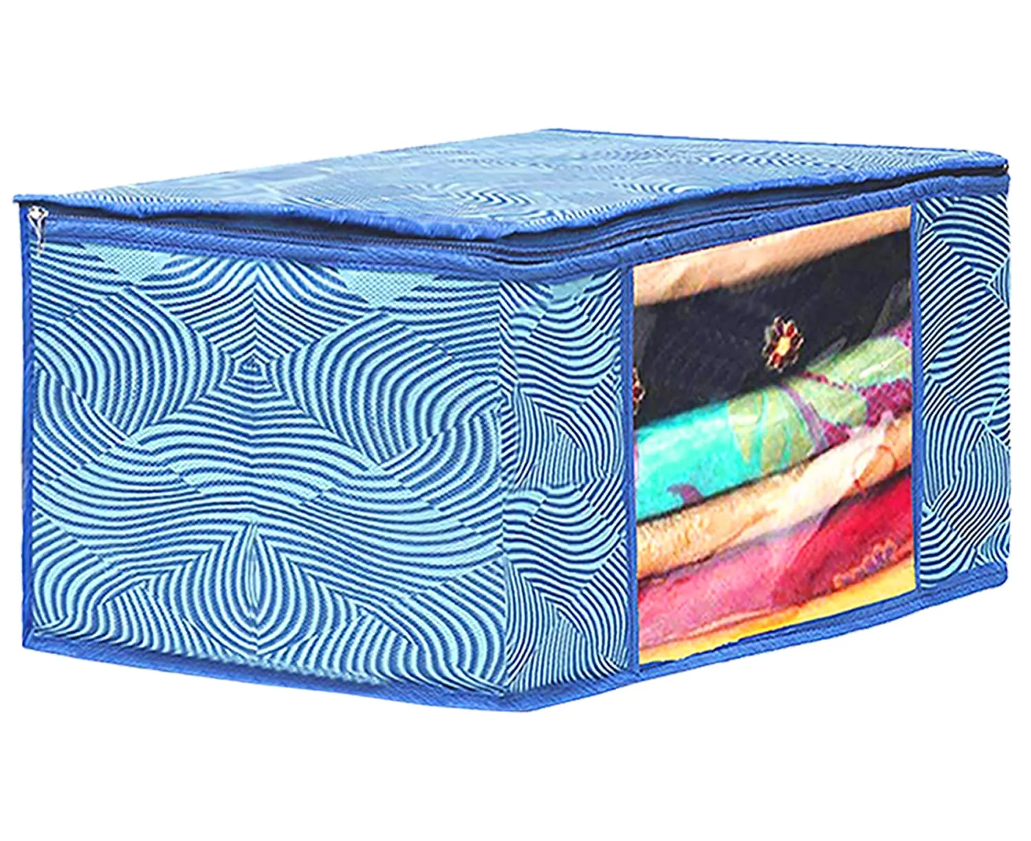 Kuber Industries Lahariya Design Non-woven 3 Saree & 3 Blouse Cover/Organizer Set With Transparent Window- Pack of 6 (Blue) -44KM0578