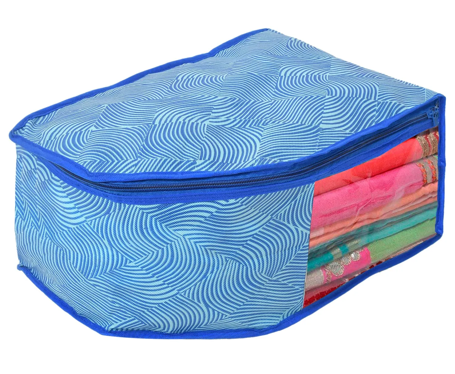 Kuber Industries Lahariya Design Non-woven 3 Saree & 3 Blouse Cover/Organizer Set With Transparent Window- Pack of 6 (Blue) -44KM0578