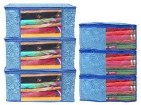 Kuber Industries Lahariya Design Non-woven 3 Saree & 3 Blouse Cover/Organizer Set With Transparent Window- Pack of 6 (Blue) -44KM0578