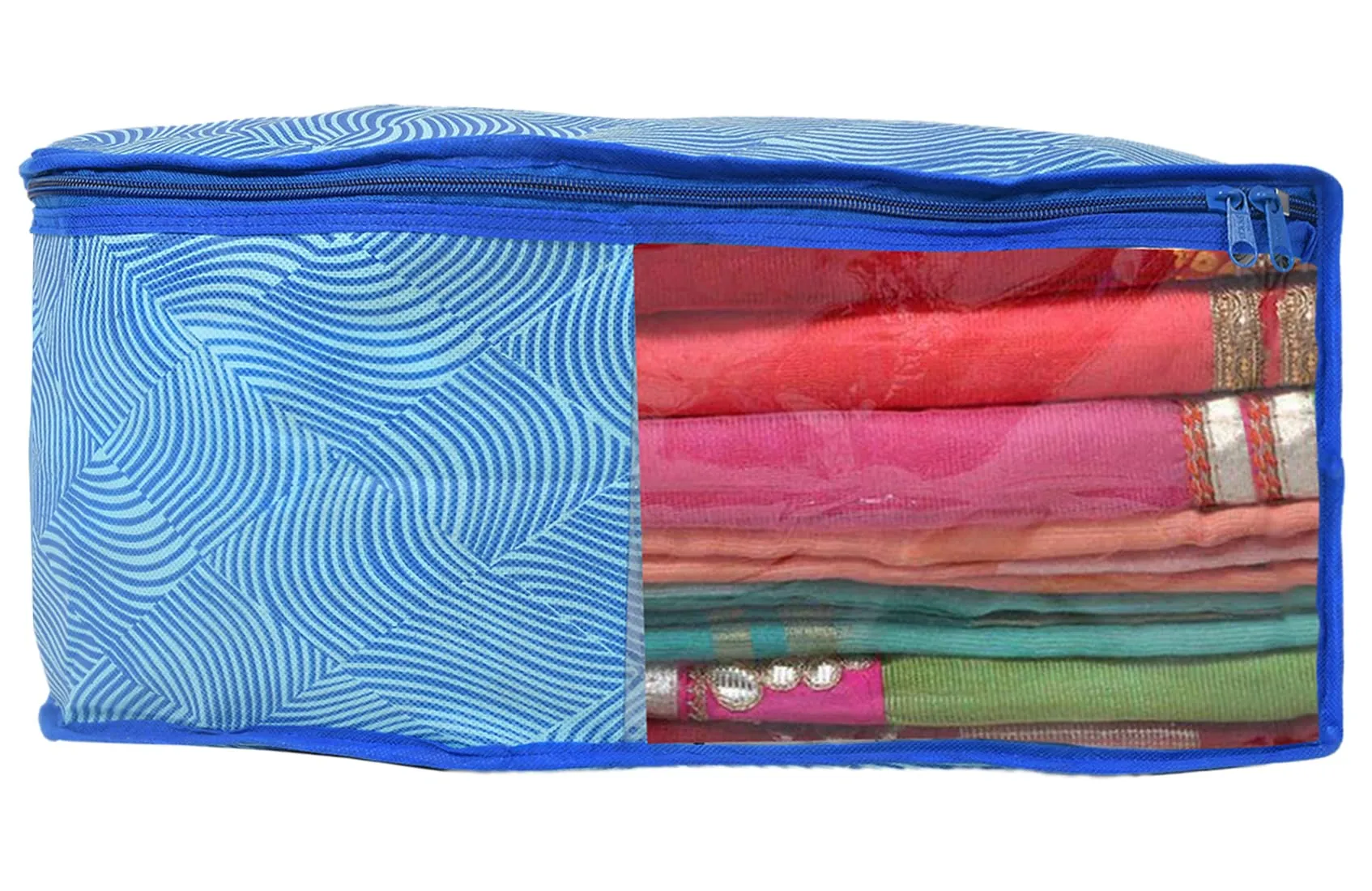 Kuber Industries Lahariya Design Non-woven 3 Saree & 3 Blouse Cover/Organizer Set With Transparent Window- Pack of 6 (Blue) -44KM0578