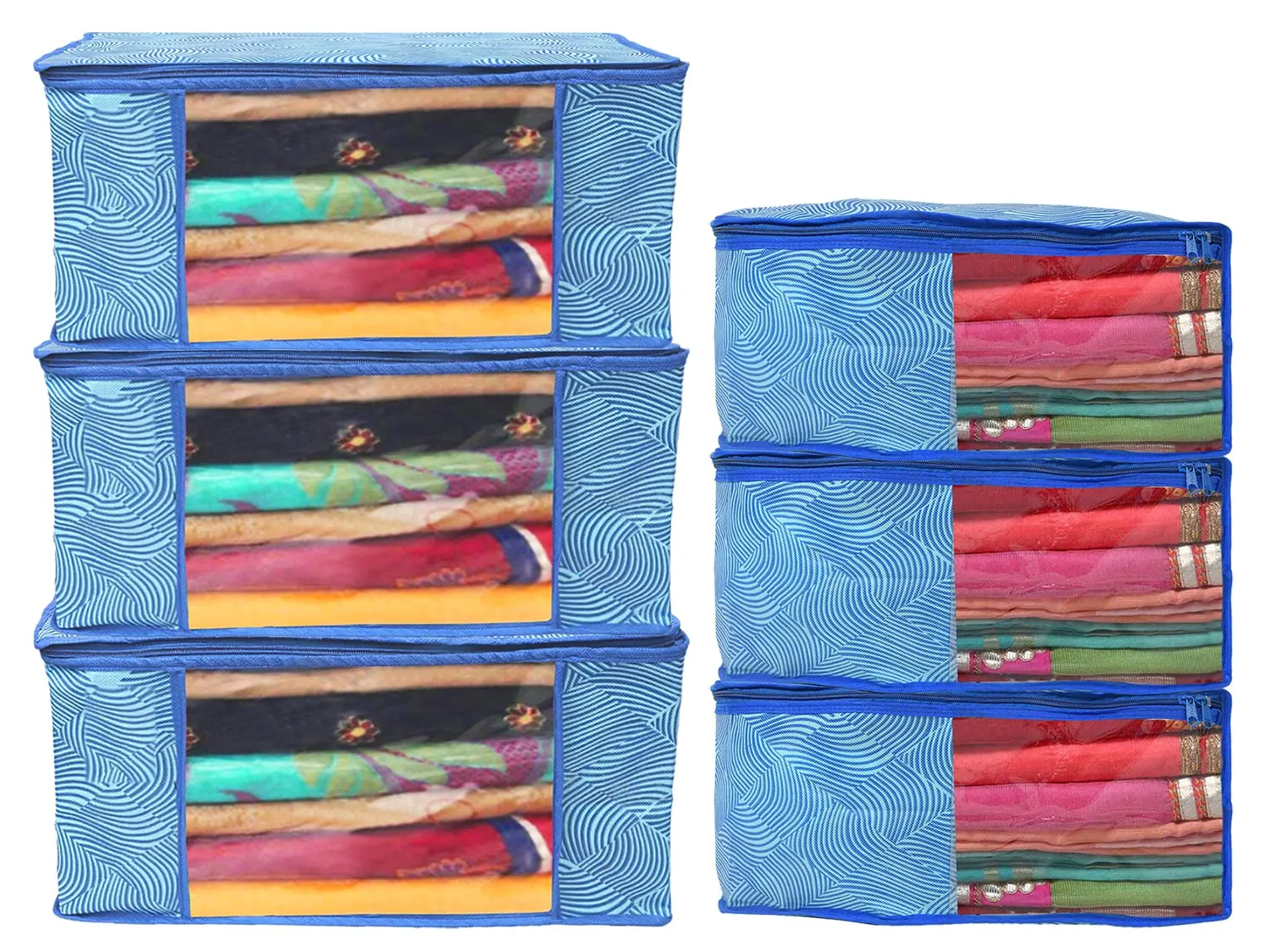 Kuber Industries Lahariya Design Non-woven 3 Saree & 3 Blouse Cover/Organizer Set With Transparent Window- Pack of 6 (Blue) -44KM0578