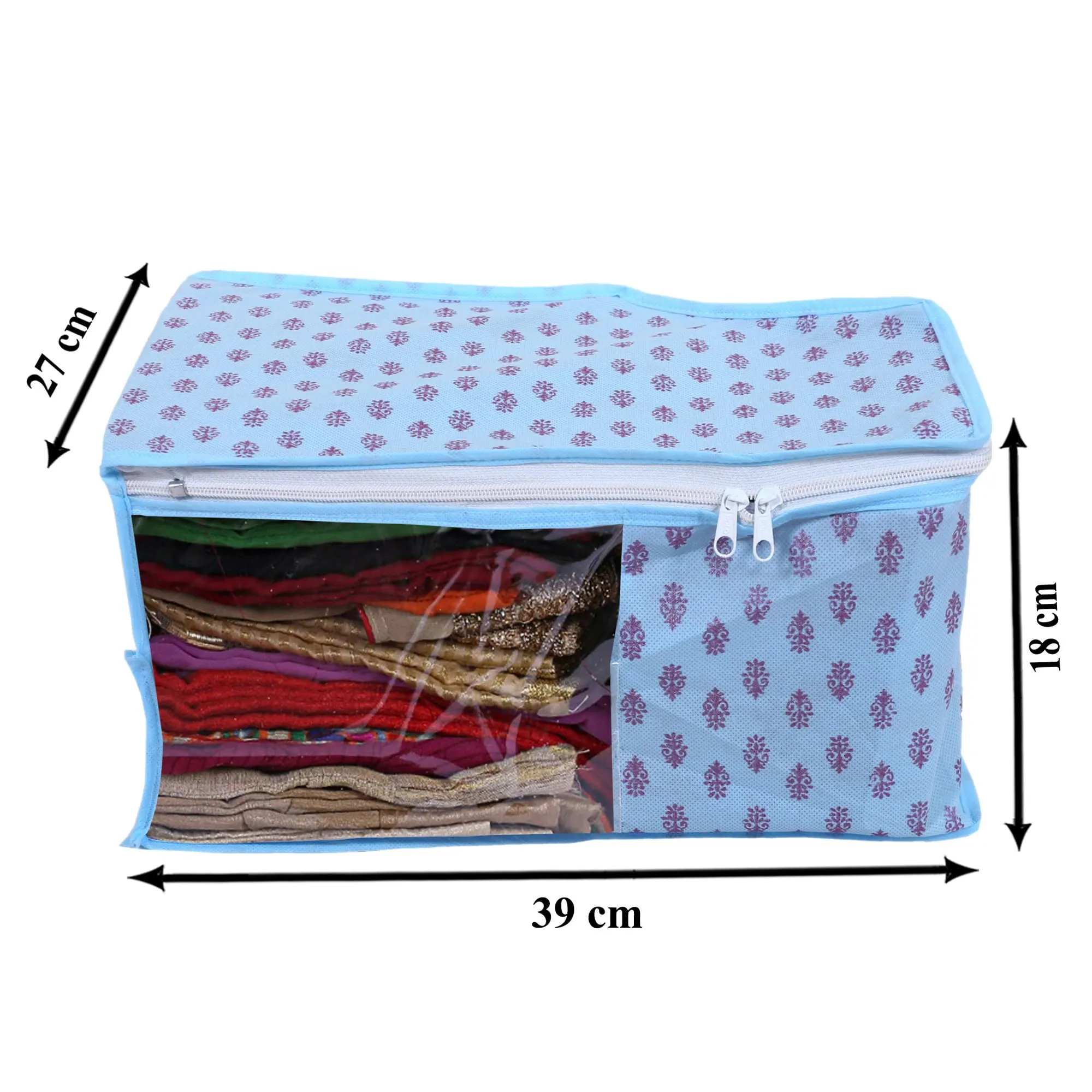 Kuber Industries Non-Woven Floral Print Foldable Blouse Cover|Clothes Organizer For Home & Traveling With Front Window Extra Large Pack of 3 (Sky Blue)