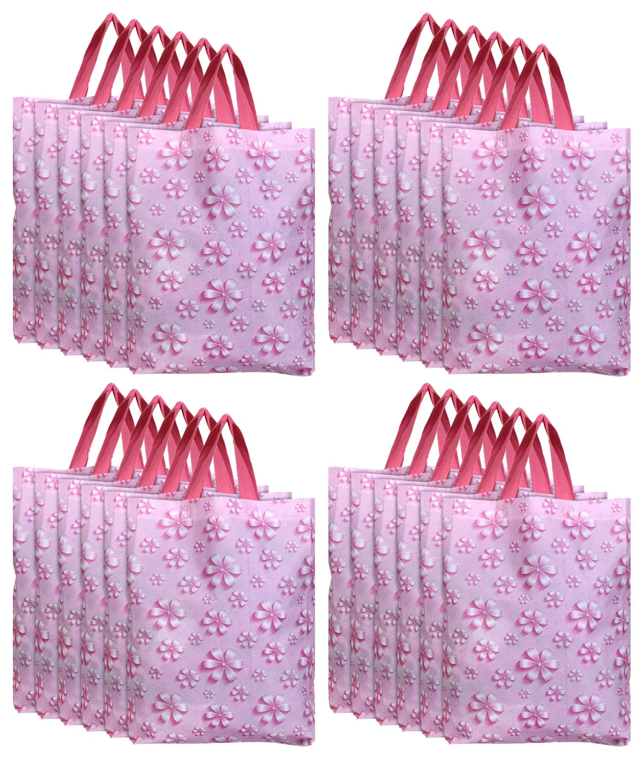 Kuber Industries Non Woven Flower Print Carry Bags with Handles - F_26_KUBBMART016972 - (Pink, 26 cm x 11 cm x 38 cm) -Eco friendly material & paper, Pack of 24