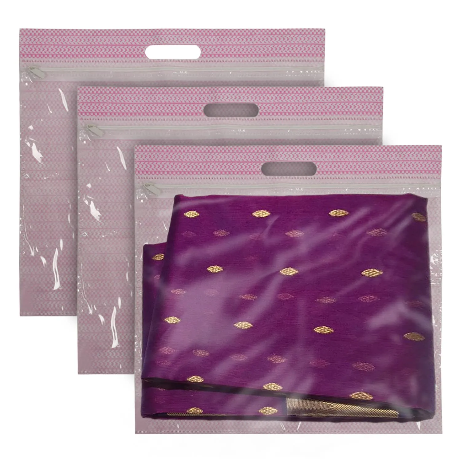 Kuber Industries Non-Woven Single Saree Covers With Transparent Window With Handle Pack of 3 (Pink)