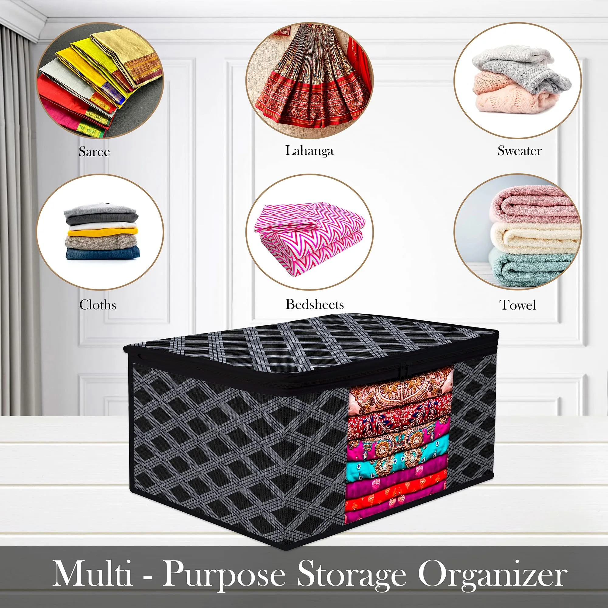 Kuber Industries Saree Cover & Blouse Cover Set | Saree & Blouse Organizer Combo Set | 2 Pieces Blouse & 2 Pieces Saree Cover Set | Zipper Closure | Check-Design | Set of 4 | Black