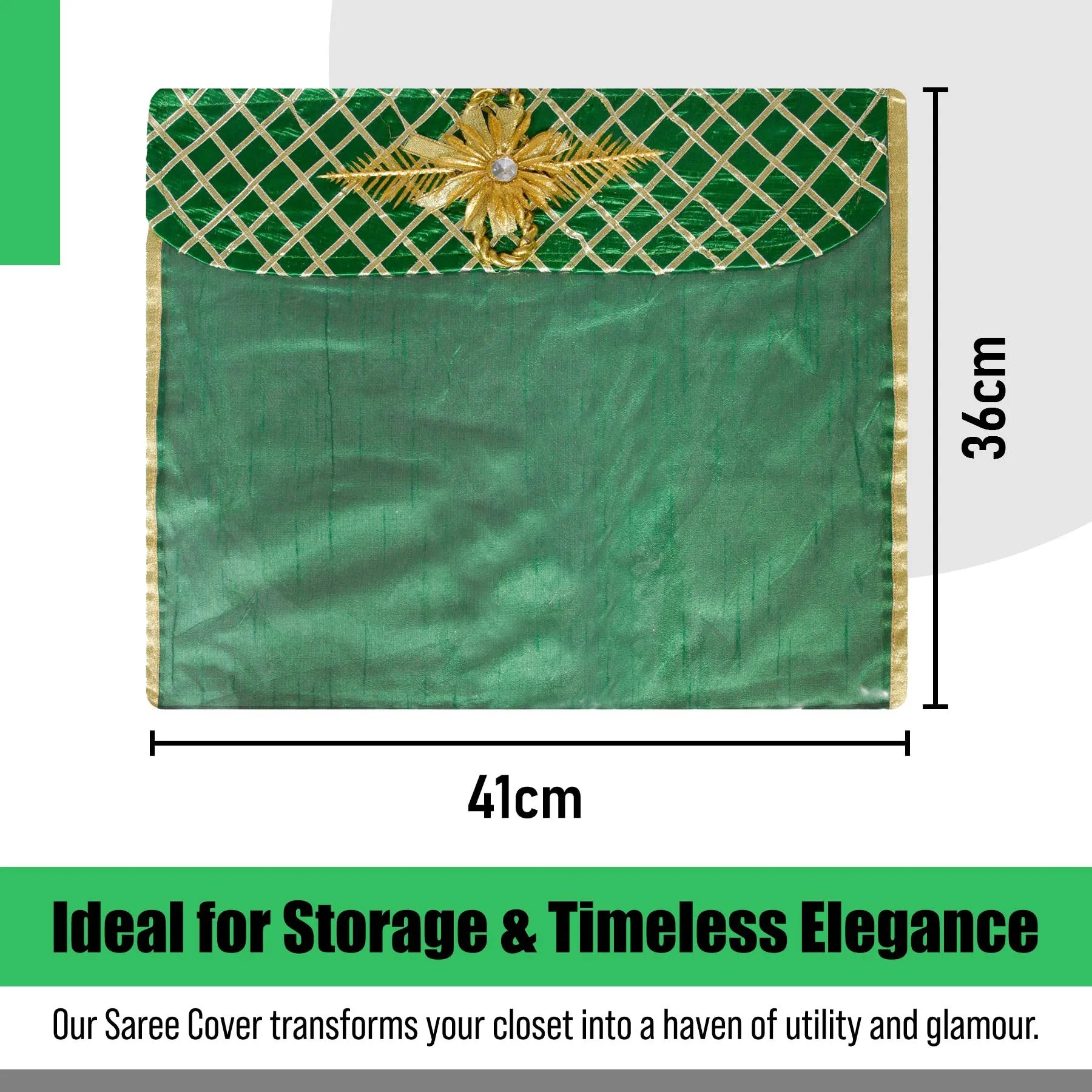 Kuber Industries Saree Cover | Clothes Storage Bag | Single Packing Saree with Velcro | Wardrobe Organizer | Cloth Stoarge Organizer | Check Jama Brooch-Design | Pack of 9 | Green