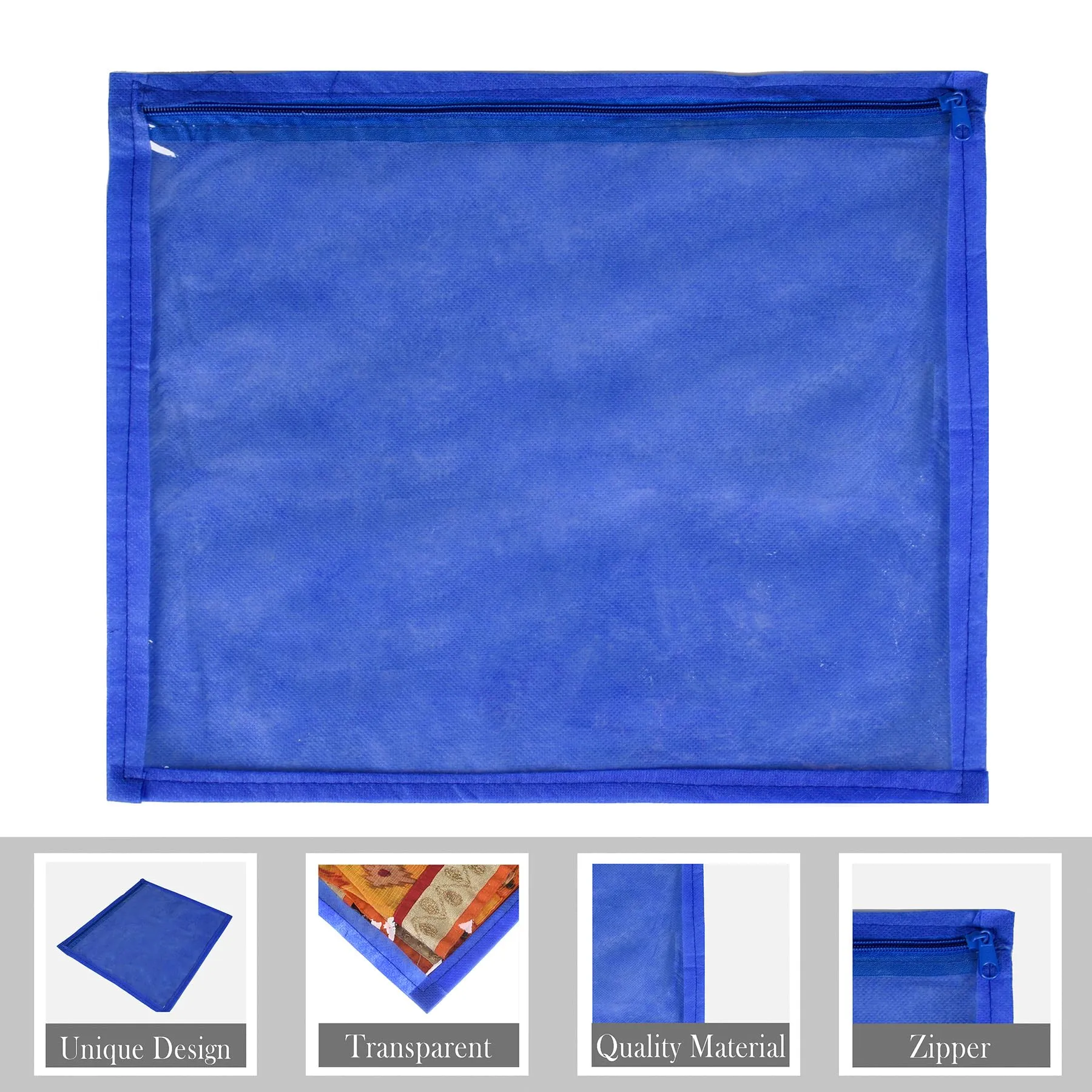 Kuber Industries Saree Cover | Clothes Storage Bag | Single Packing Saree with Zip Closure | Wardrobe Organizer | Cloth Stoarge Organizer | Plain Saree Cover | Pack of 6 | Blue