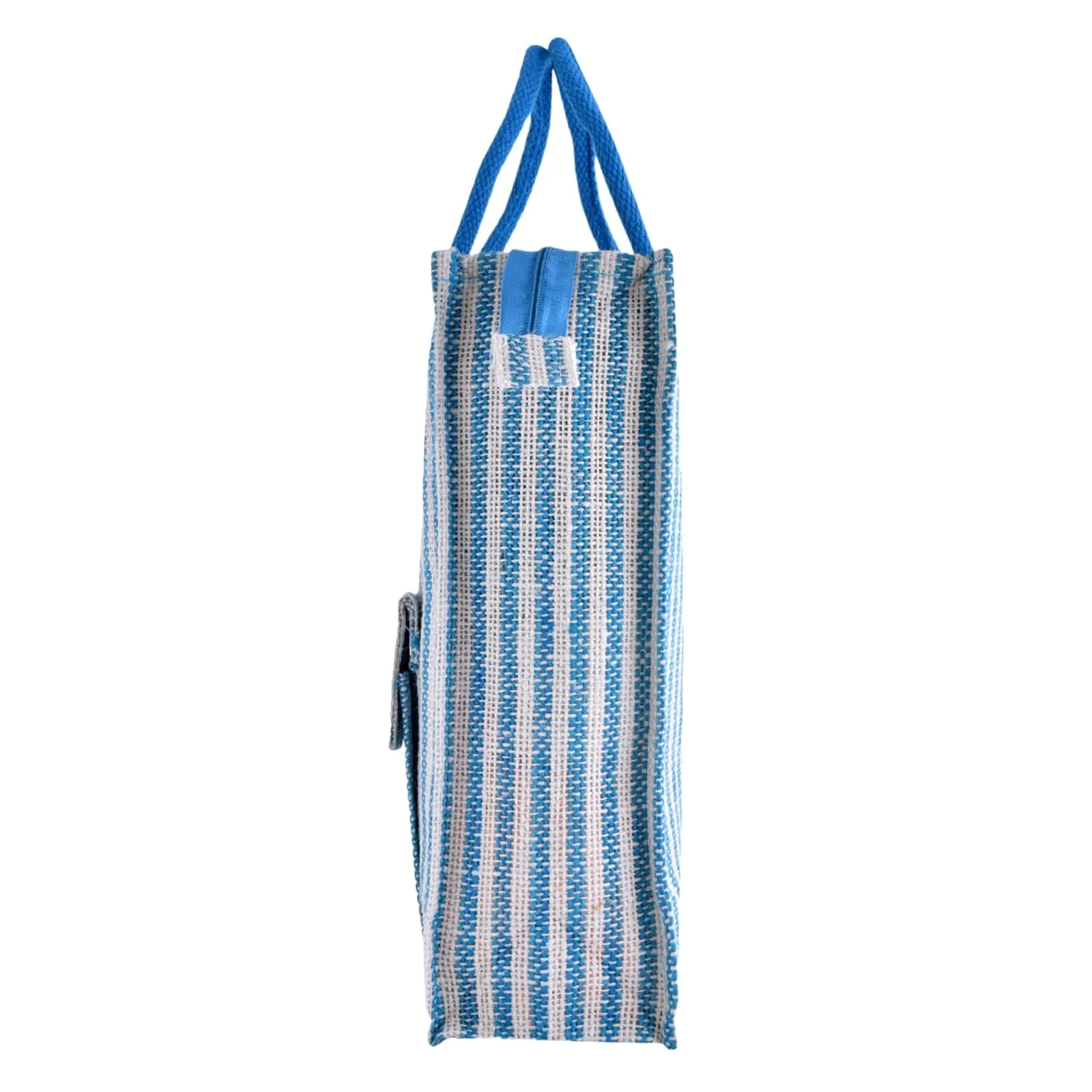 Kuber Industries Shopping Bag | Jute Carry Bag | Zipper Grocery Bag with Handle | Reusable Shopping Bag | Carrying Bag With Front Pocket | Lining-Grocery Bag | Medium | Blue