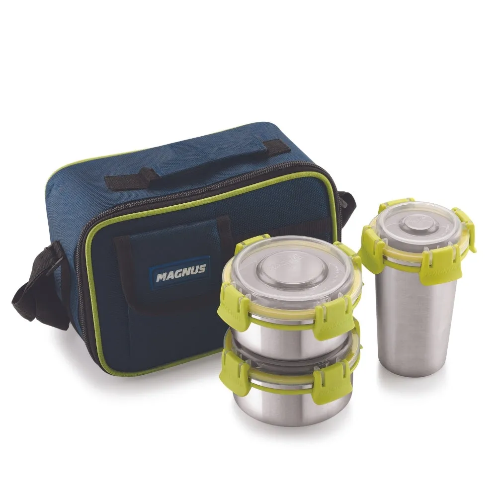 Magnus Ethos 3 Lunch Box Set | Stainless Steel Tiffin with 2 Containers & 1 Glass | Air-Tight, Leakproof, Insulated Bag - Green | Lunch Box for Kids | Lunch Boxes for Office Men, Women