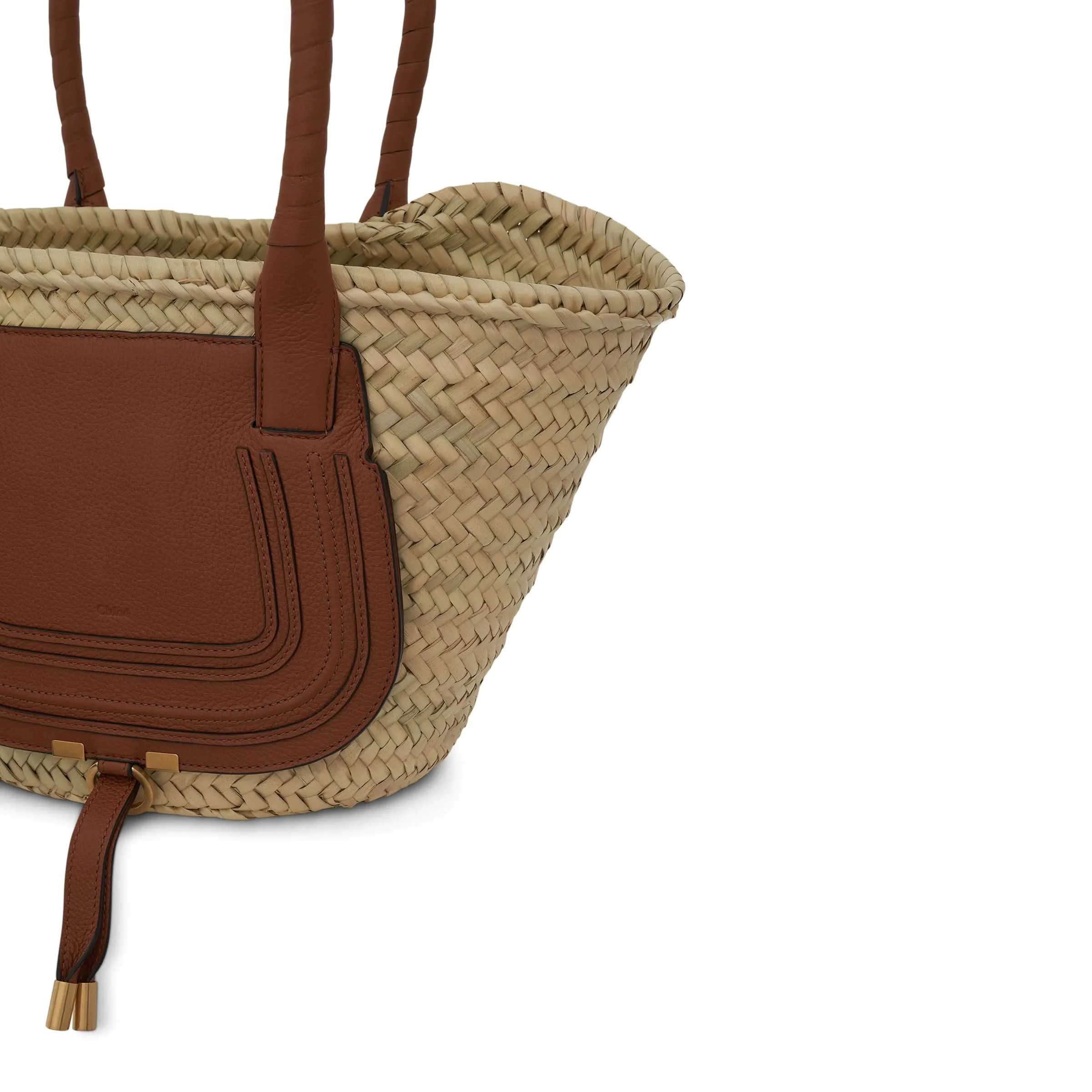 Medium Marcie Basket Bag in Raffia & Calfskin in Tan