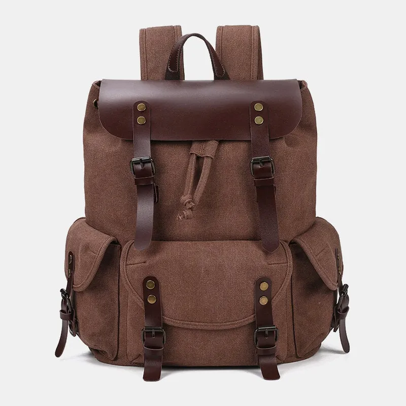 Men Oil Wax Canvas Casual Waterproof Multi-pocket Backpack Large Capacity 15.6 Inch Laptop Bag Shoulder Bag