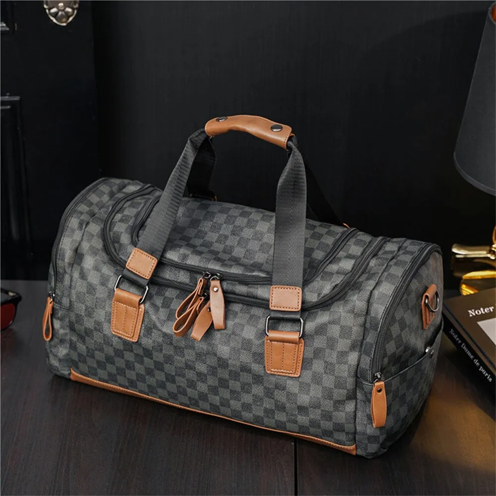 Men PU Leather Plaid Pattern Multifunction Handbag Fashion Multi-pocket Travel Bag Fitness Crossbody Shoulder