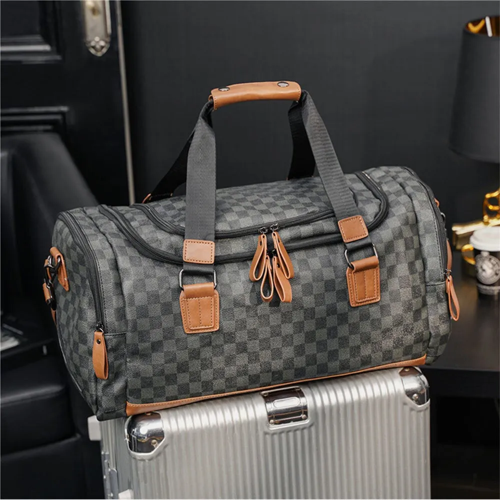 Men PU Leather Plaid Pattern Multifunction Handbag Fashion Multi-pocket Travel Bag Fitness Crossbody Shoulder