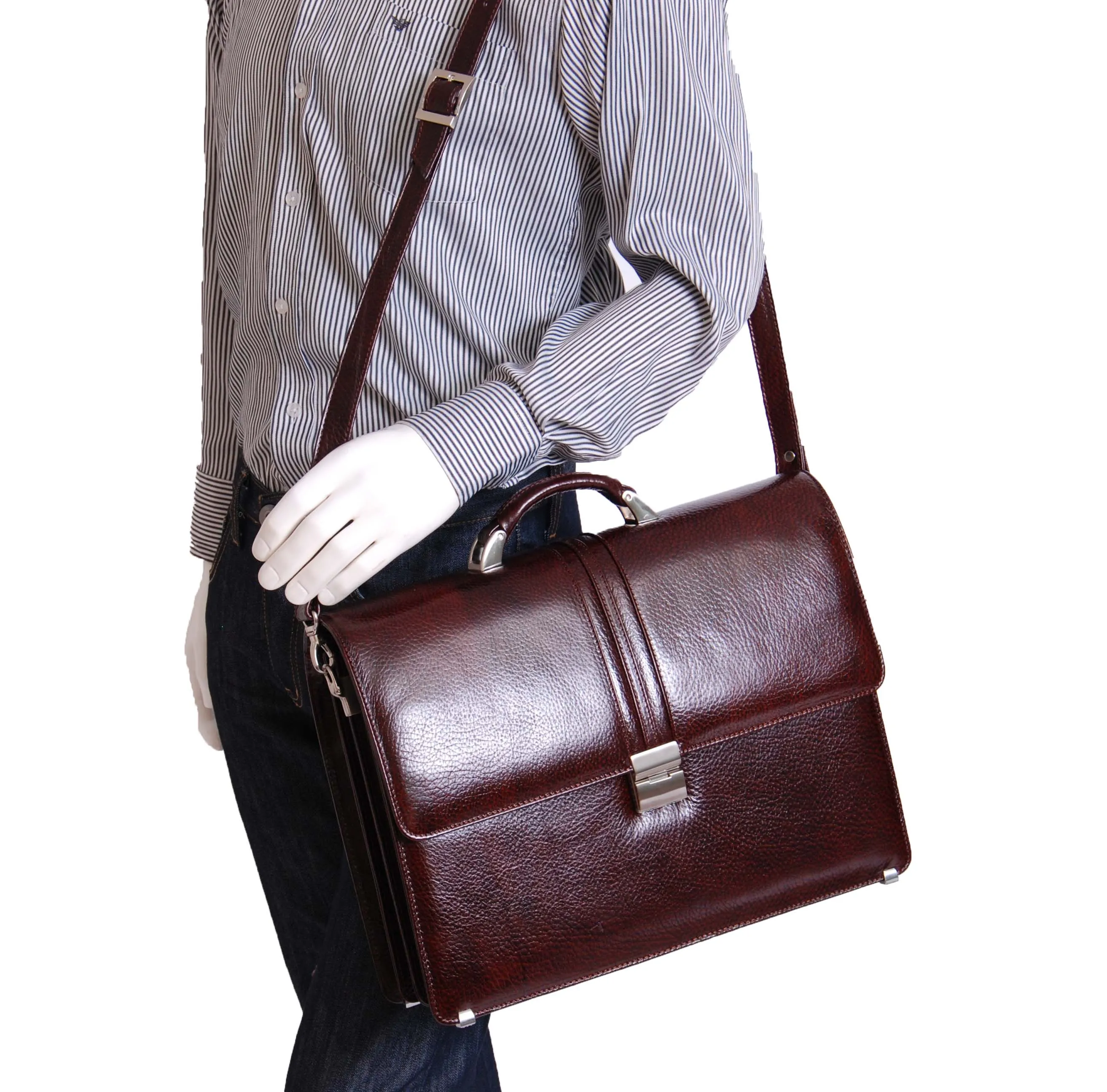 Mens Real Leather Briefcase Classic Bag Organiser CARTER Brown