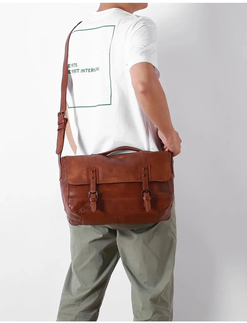 Mens Vegetable Tanning Leather Messenger Bag, Men's  Laptop Bag, Crossbody Bag , Business Briefcase Shoulder Bag for Office/Work/Travel