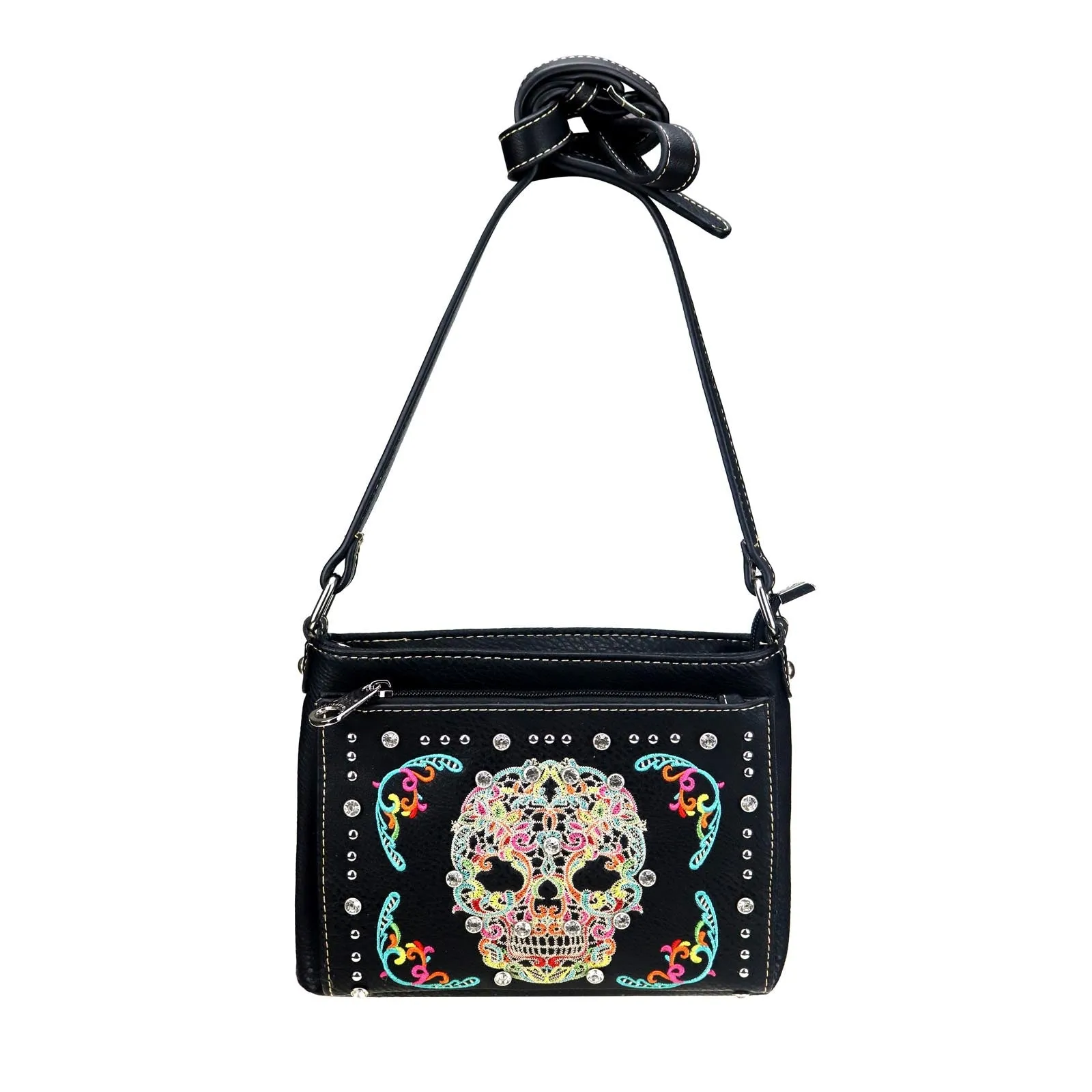 Montana West Embroidered Sugar Skull Organizer Crossbody