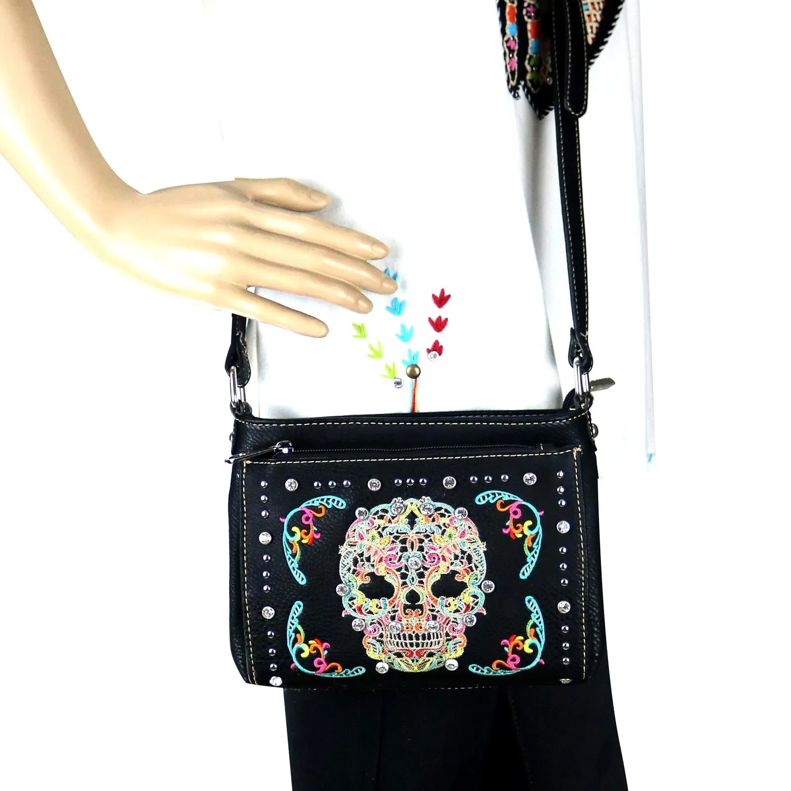 Montana West Embroidered Sugar Skull Organizer Crossbody