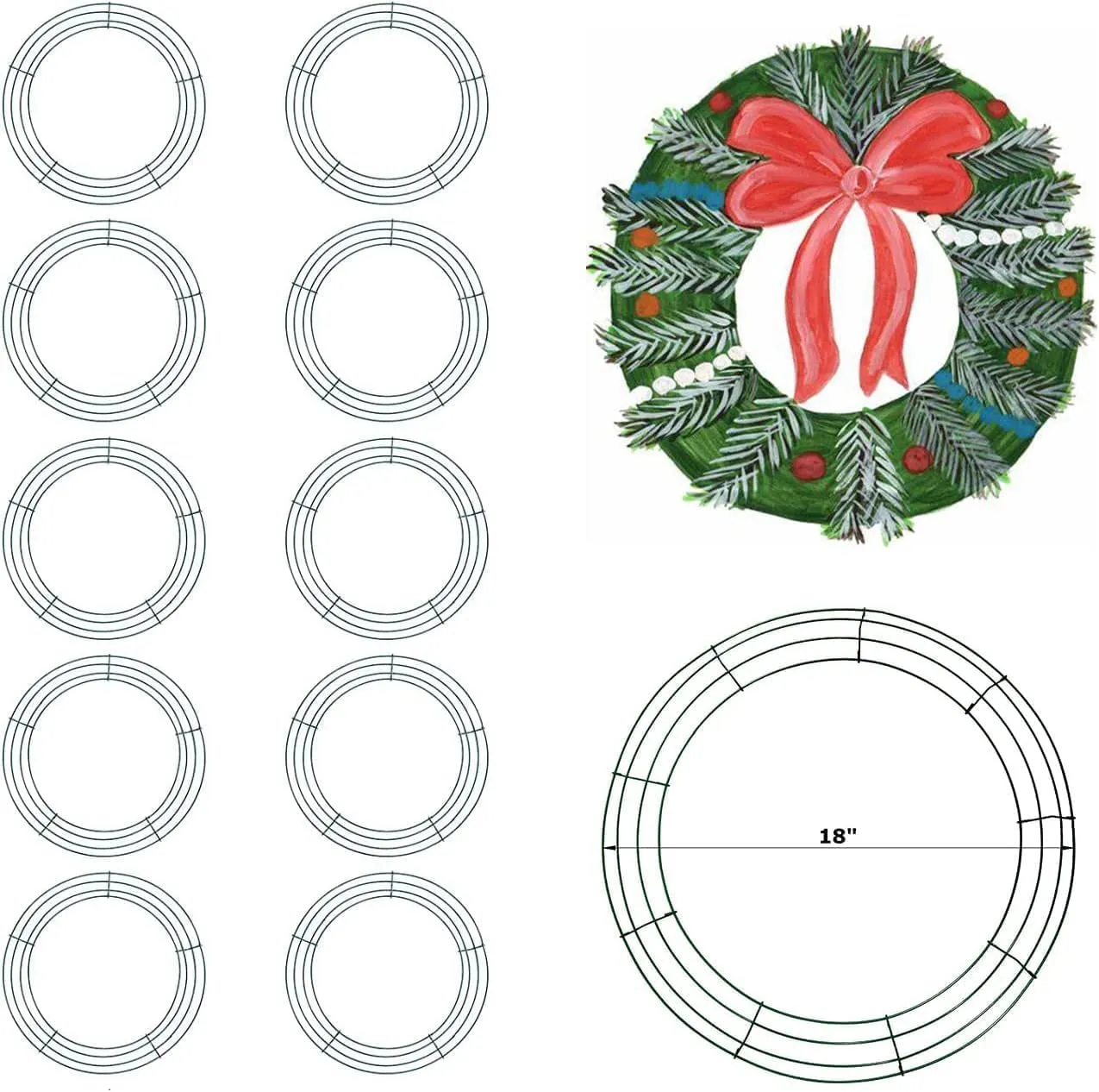 MTB Wire Wreath Frame 18 Inch Green, Pack of 10 Wreath Form Wreath Rings for DIY Christmas New Year Decor