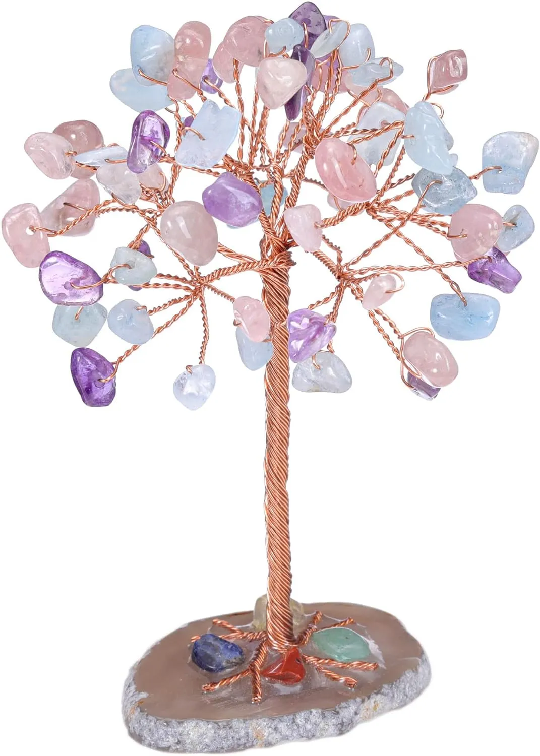 Natural 7 Chakra Healing Crystals Tree on Agate Slice Base Healing Stones Gem Money Tree for Feng Shui Home Office Table Decorations