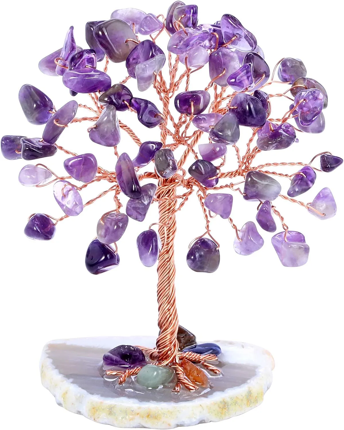 Natural 7 Chakra Healing Crystals Tree on Agate Slice Base Healing Stones Gem Money Tree for Feng Shui Home Office Table Decorations