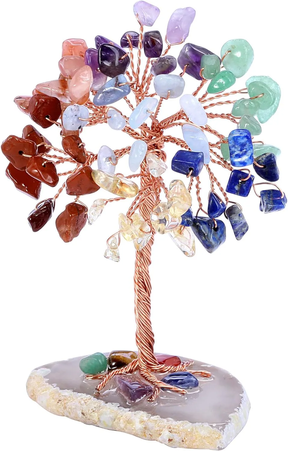 Natural 7 Chakra Healing Crystals Tree on Agate Slice Base Healing Stones Gem Money Tree for Feng Shui Home Office Table Decorations