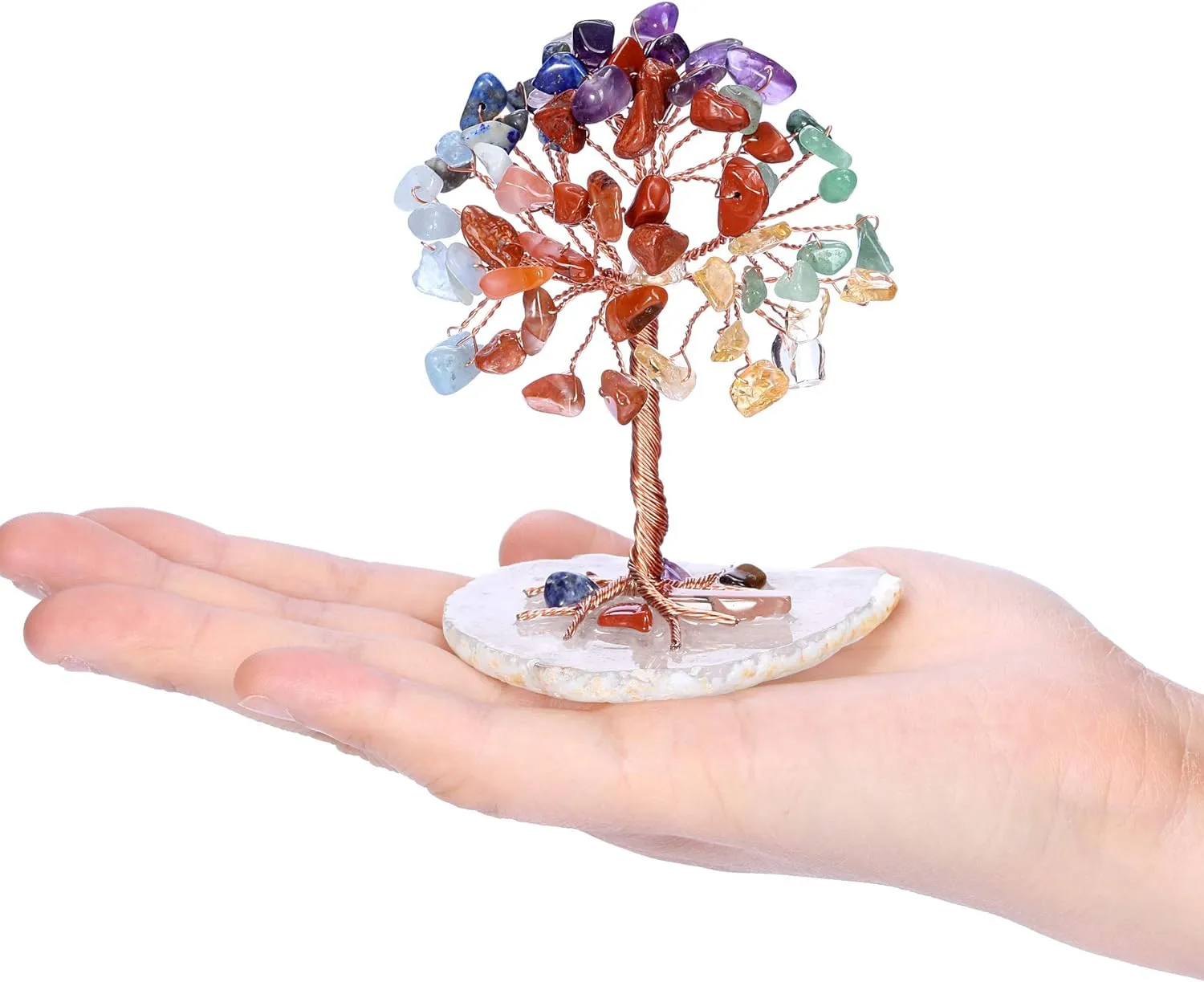 Natural 7 Chakra Healing Crystals Tree on Agate Slice Base Healing Stones Gem Money Tree for Feng Shui Home Office Table Decorations