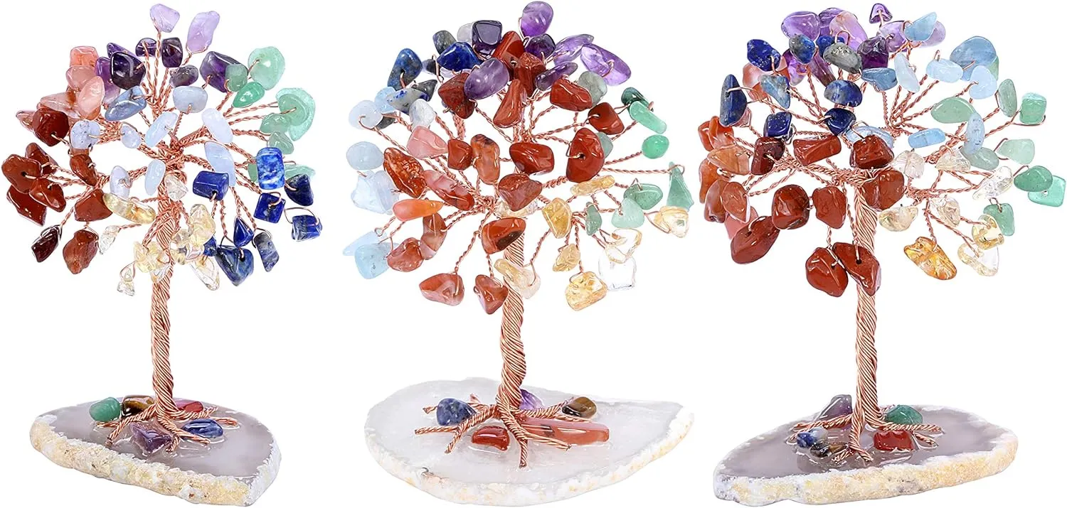 Natural 7 Chakra Healing Crystals Tree on Agate Slice Base Healing Stones Gem Money Tree for Feng Shui Home Office Table Decorations