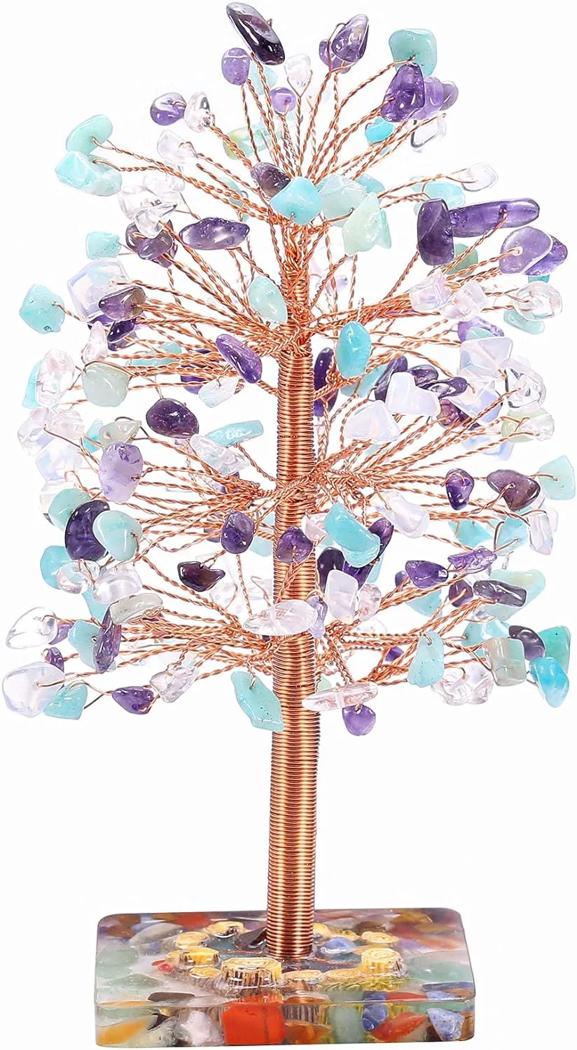 Natural 7 Chakra Healing Crystals Tree on Agate Slice Base Healing Stones Gem Money Tree for Feng Shui Home Office Table Decorations